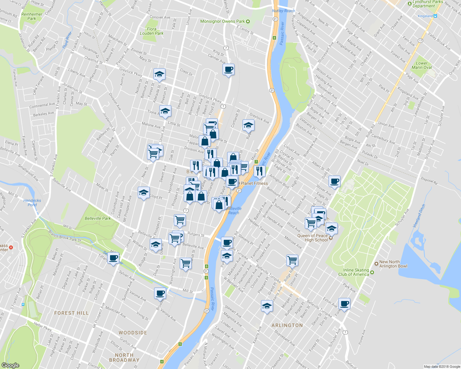 map of restaurants, bars, coffee shops, grocery stores, and more near 353 Main Street in Belleville