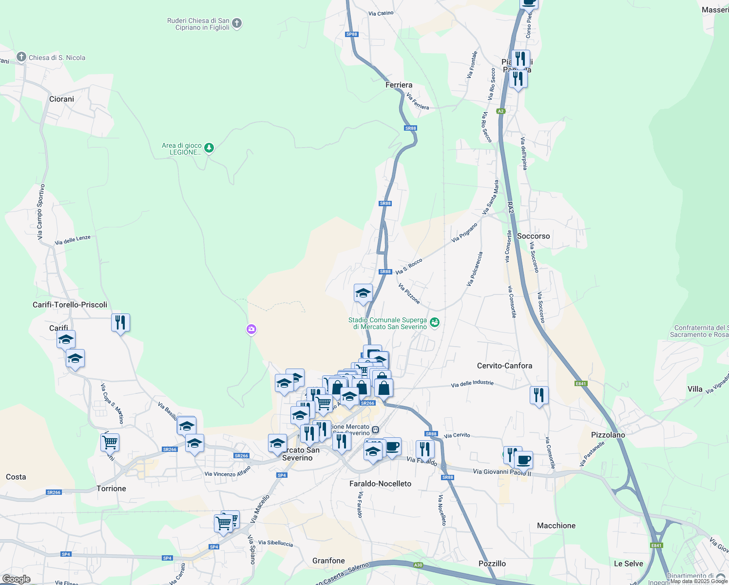 map of restaurants, bars, coffee shops, grocery stores, and more near 1316 Via delle Puglie in Mercato San Severino