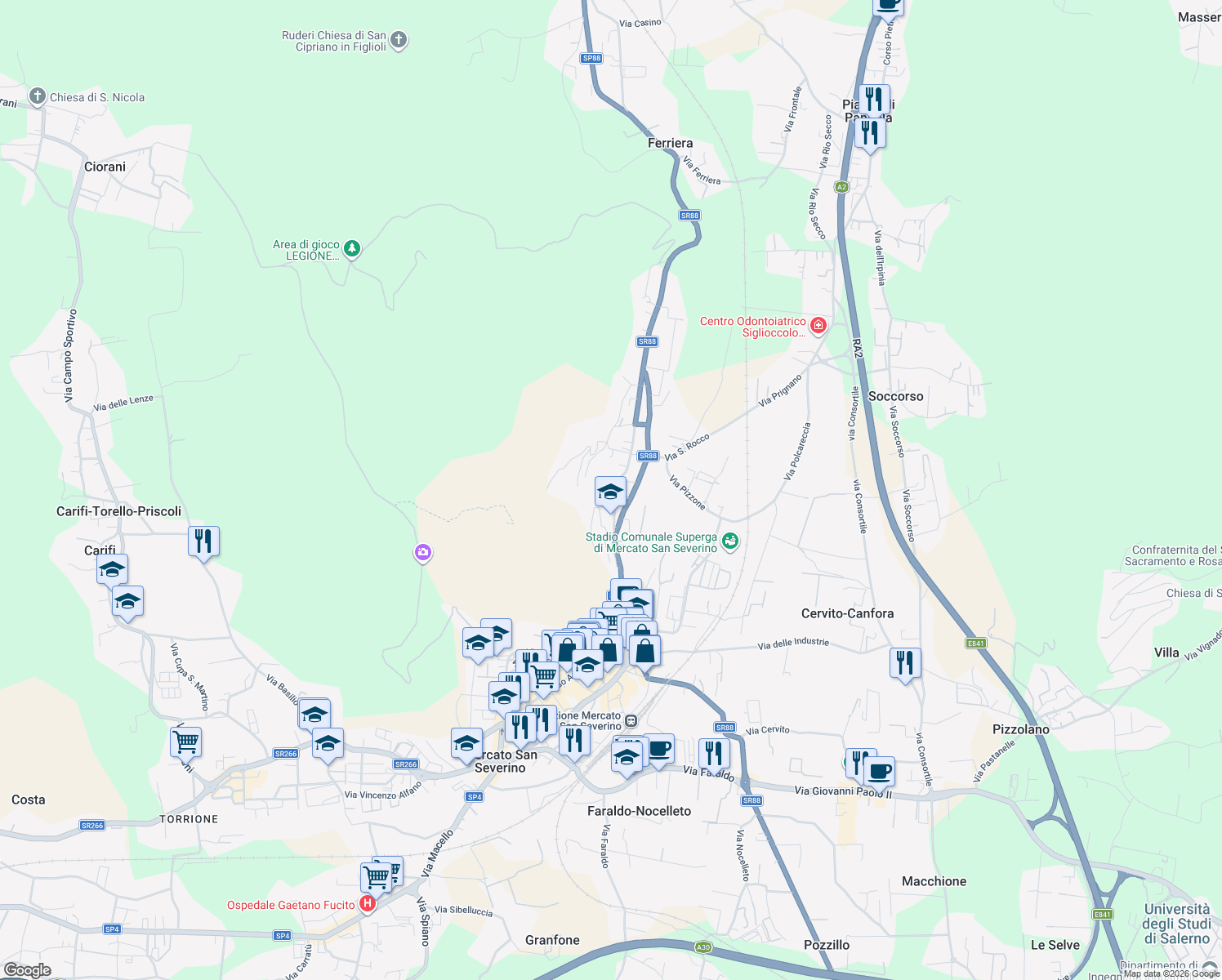 map of restaurants, bars, coffee shops, grocery stores, and more near 1316 Via delle Puglie in Mercato San Severino