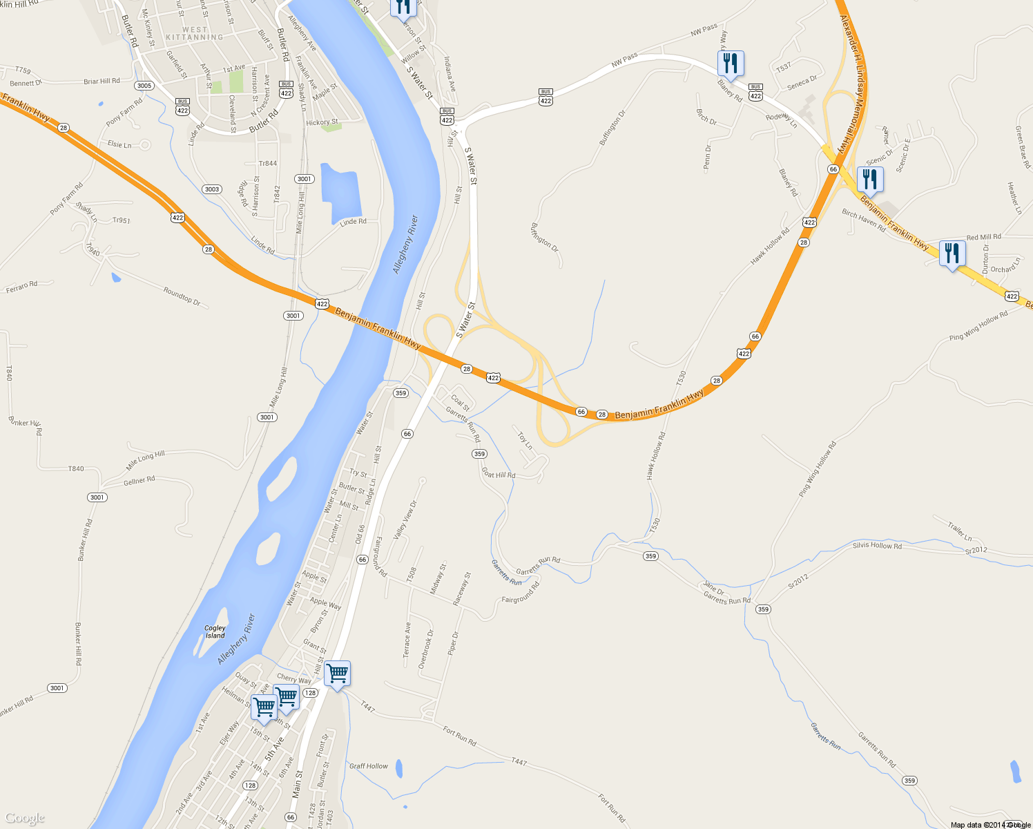 map of restaurants, bars, coffee shops, grocery stores, and more near 1137 Toy Ln in Kittanning