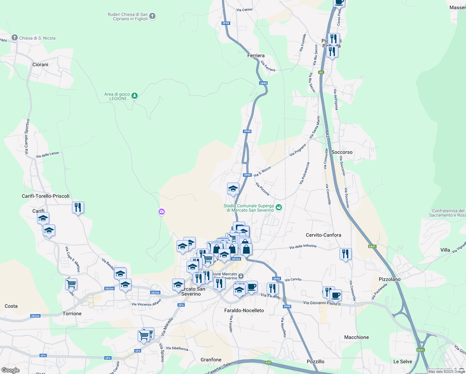 map of restaurants, bars, coffee shops, grocery stores, and more near 1316 Via delle Puglie in Mercato San Severino
