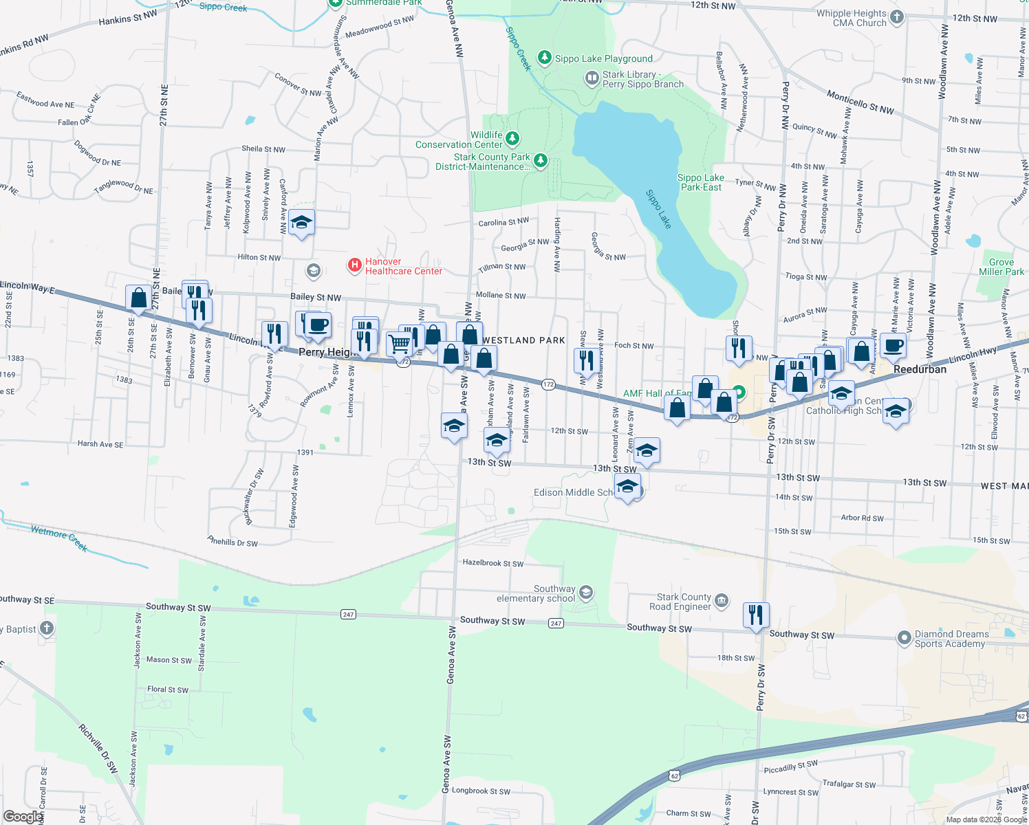 map of restaurants, bars, coffee shops, grocery stores, and more near 212 Highland Ave SW in Massillon