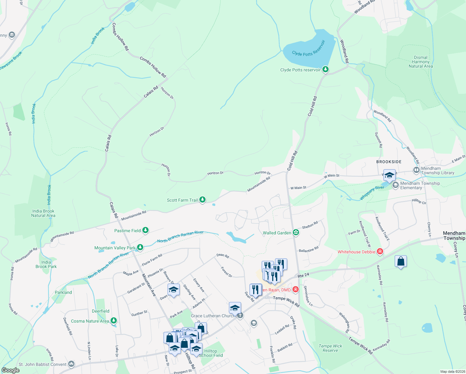 map of restaurants, bars, coffee shops, grocery stores, and more near 55 Mountainside Road in Mendham