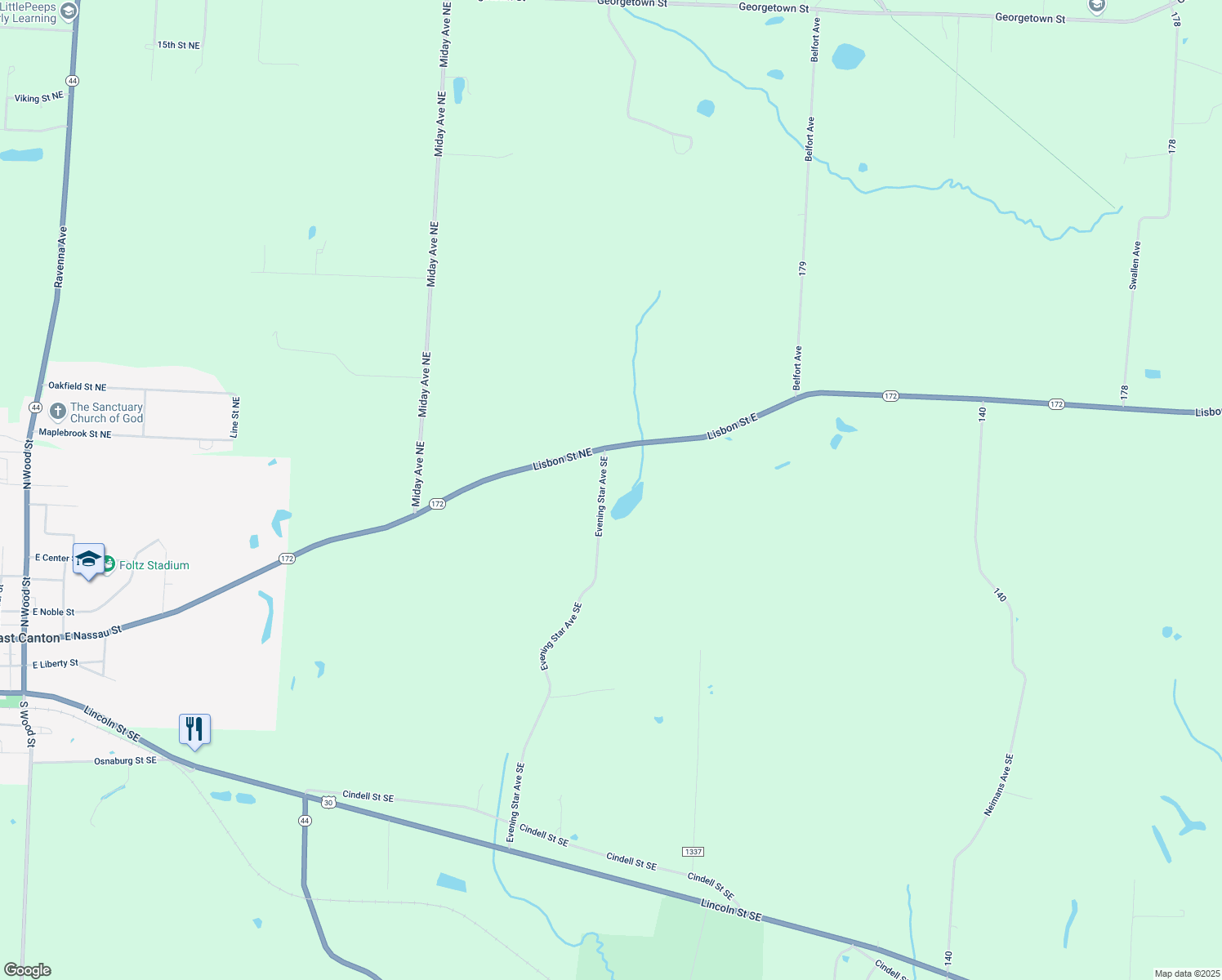 map of restaurants, bars, coffee shops, grocery stores, and more near 693 Evening Star Avenue Southeast in East Canton