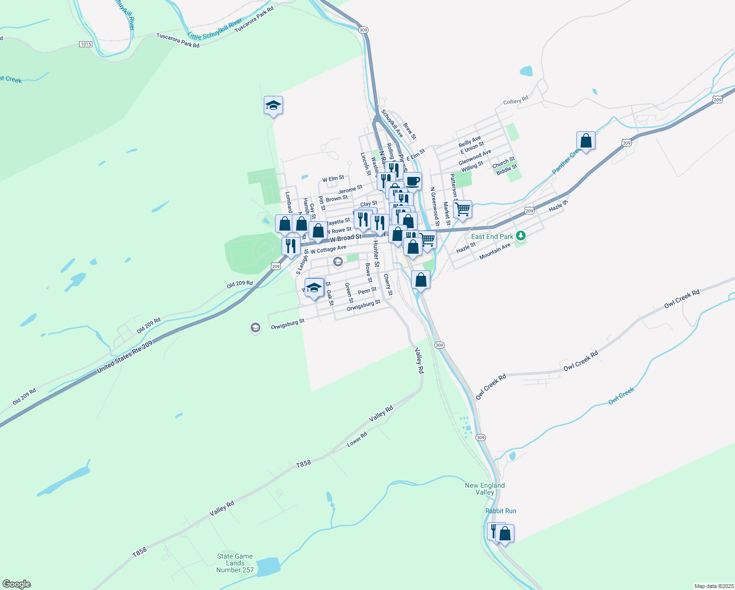 map of restaurants, bars, coffee shops, grocery stores, and more near 136 Penn Street in Tamaqua
