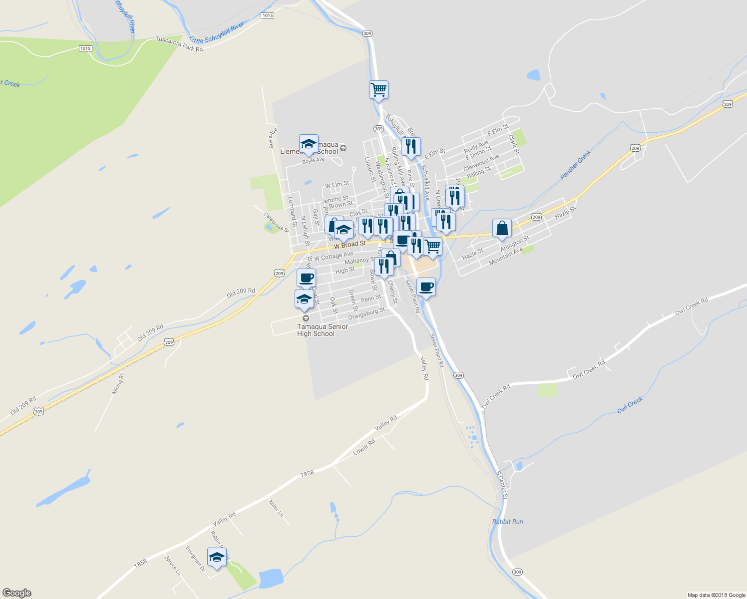 map of restaurants, bars, coffee shops, grocery stores, and more near 130 Penn Street in Tamaqua
