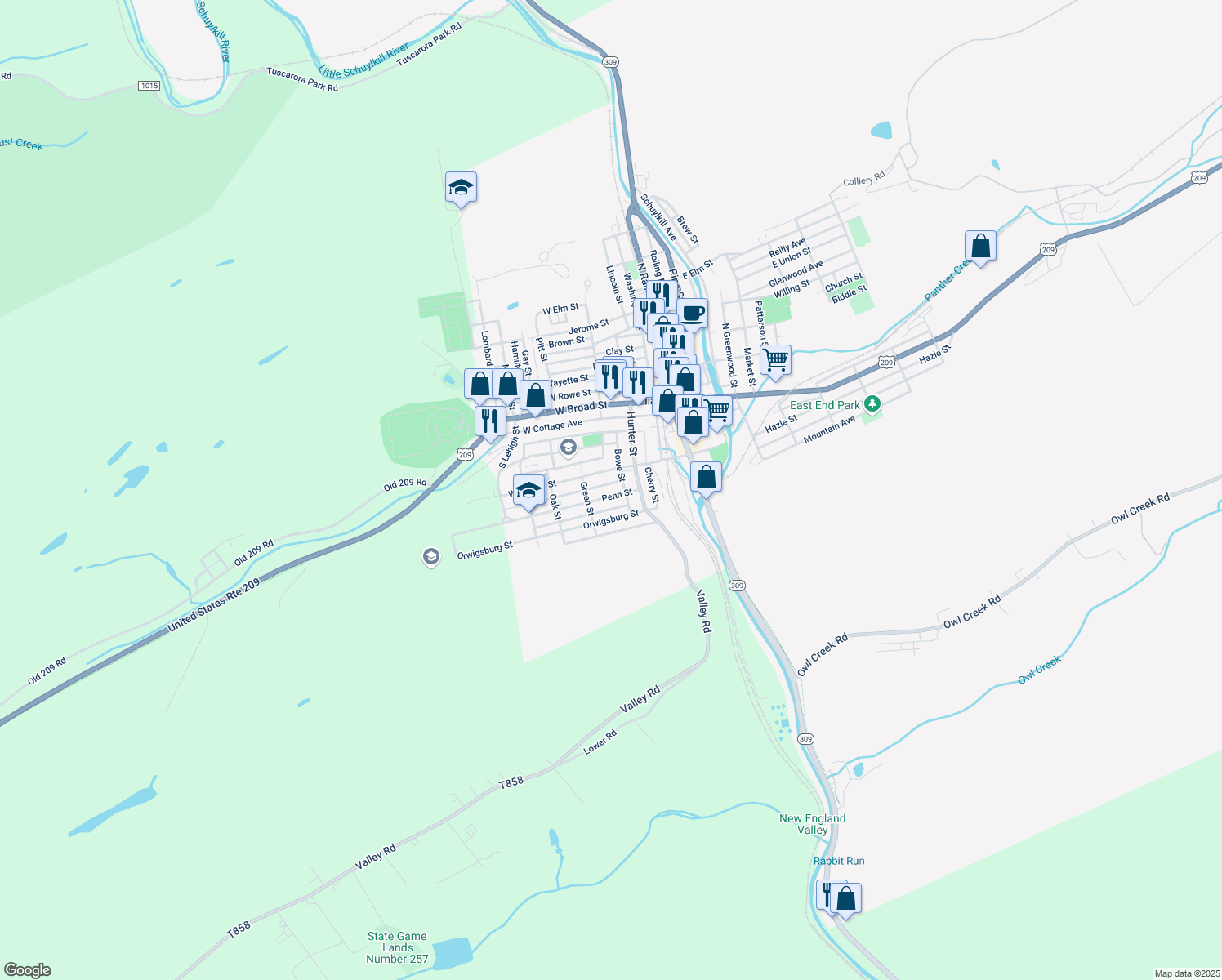 map of restaurants, bars, coffee shops, grocery stores, and more near 143 Penn Street in Tamaqua