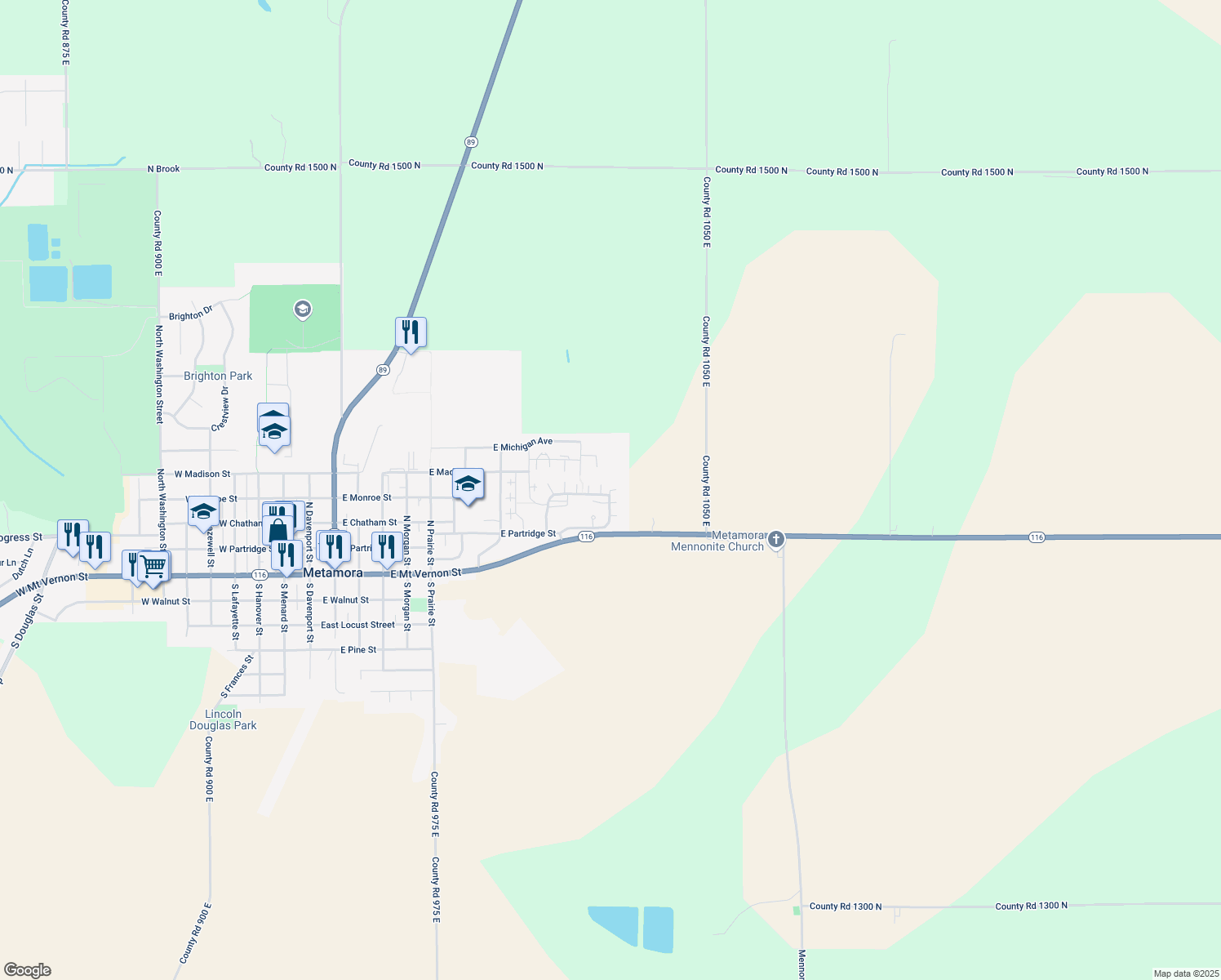 map of restaurants, bars, coffee shops, grocery stores, and more near Lake Shore Drive in Metamora