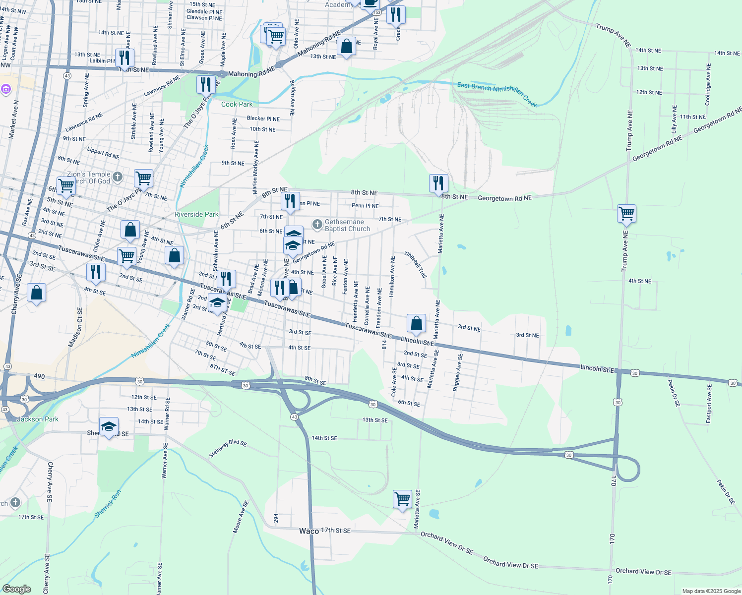 map of restaurants, bars, coffee shops, grocery stores, and more near 322 Cornelia Avenue Northeast in Canton