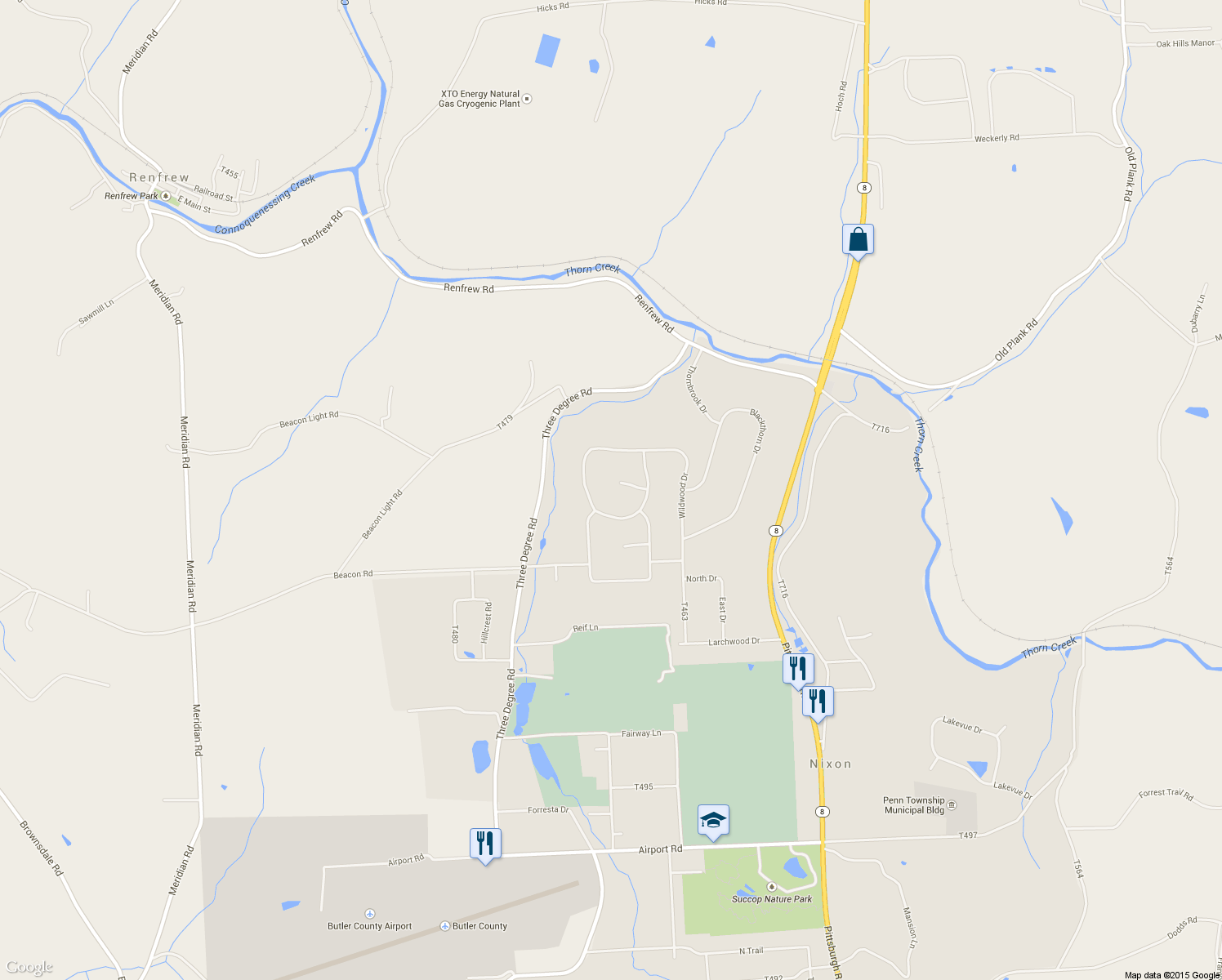 map of restaurants, bars, coffee shops, grocery stores, and more near 480 Three Degree Road in Renfrew