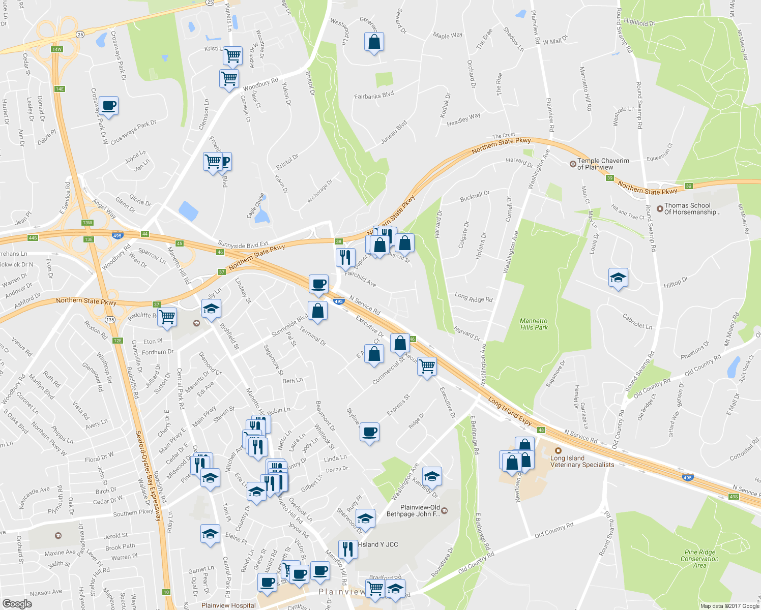 map of restaurants, bars, coffee shops, grocery stores, and more near 44 Autumn Dr in Plainview