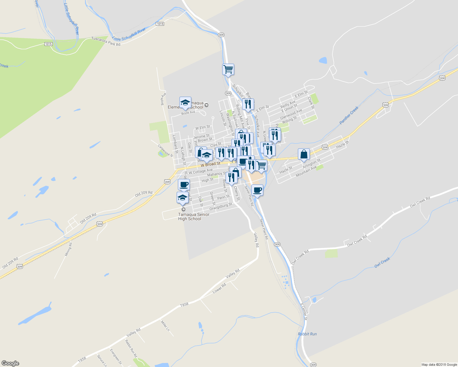 map of restaurants, bars, coffee shops, grocery stores, and more near 76 Hunter Street in Tamaqua