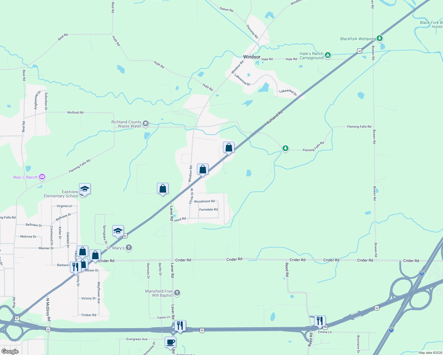 map of restaurants, bars, coffee shops, grocery stores, and more near 2040 Ashland Road in Mansfield