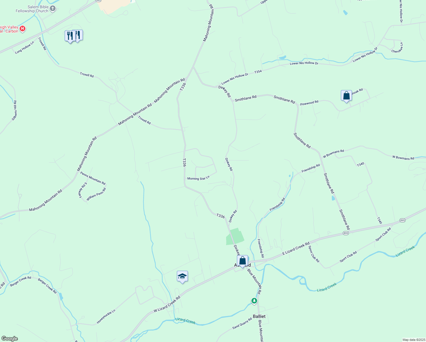 map of restaurants, bars, coffee shops, grocery stores, and more near 253 Morning Star Lane in Lehighton