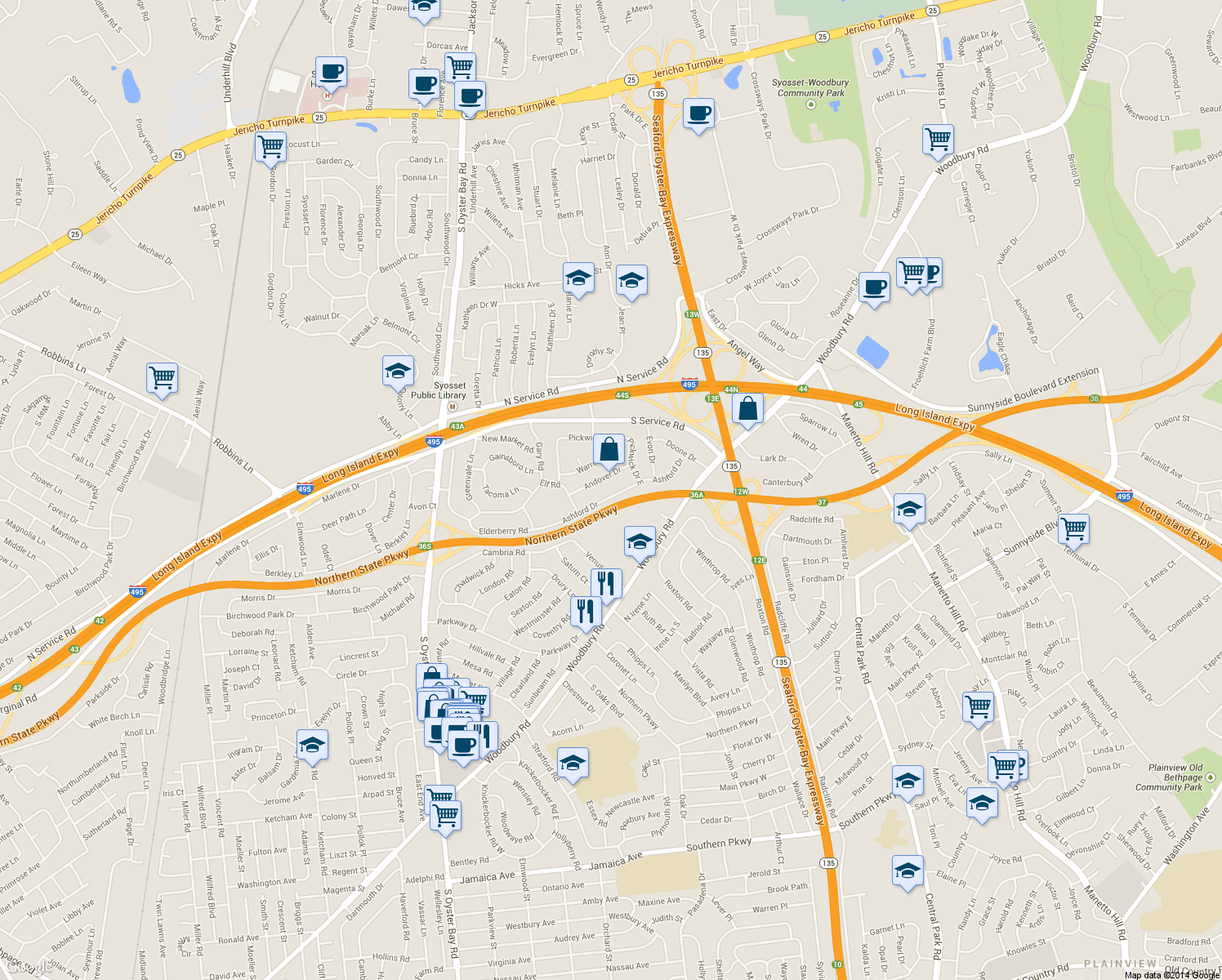 map of restaurants, bars, coffee shops, grocery stores, and more near 79 Ashford Drive in Syosset