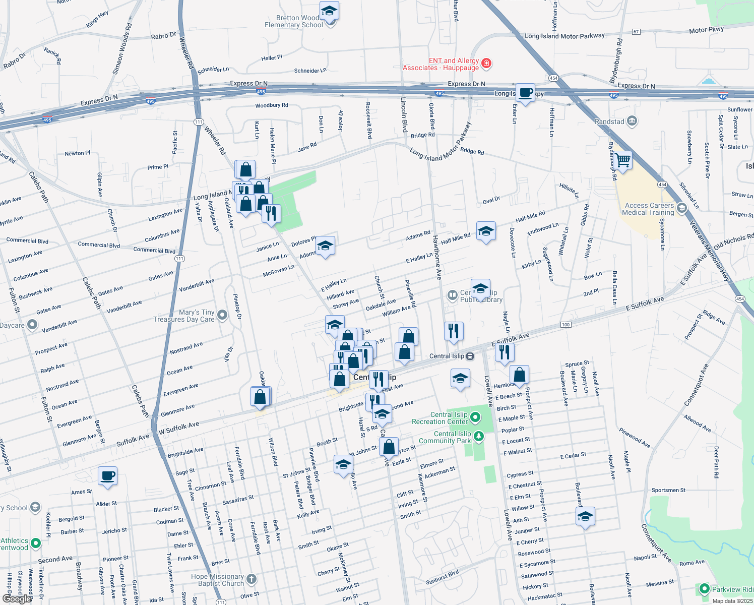 map of restaurants, bars, coffee shops, grocery stores, and more near 23 Oakdale Avenue in Central Islip