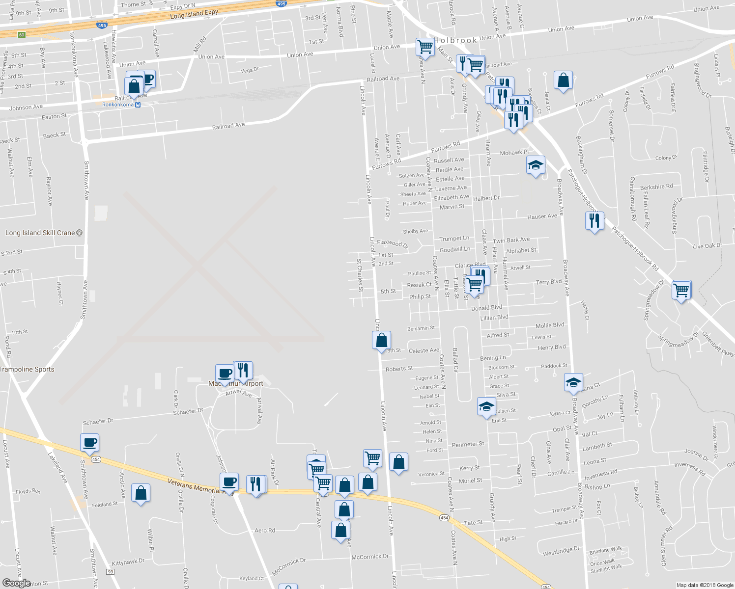 map of restaurants, bars, coffee shops, grocery stores, and more near 143 Lafayette Avenue in Holbrook