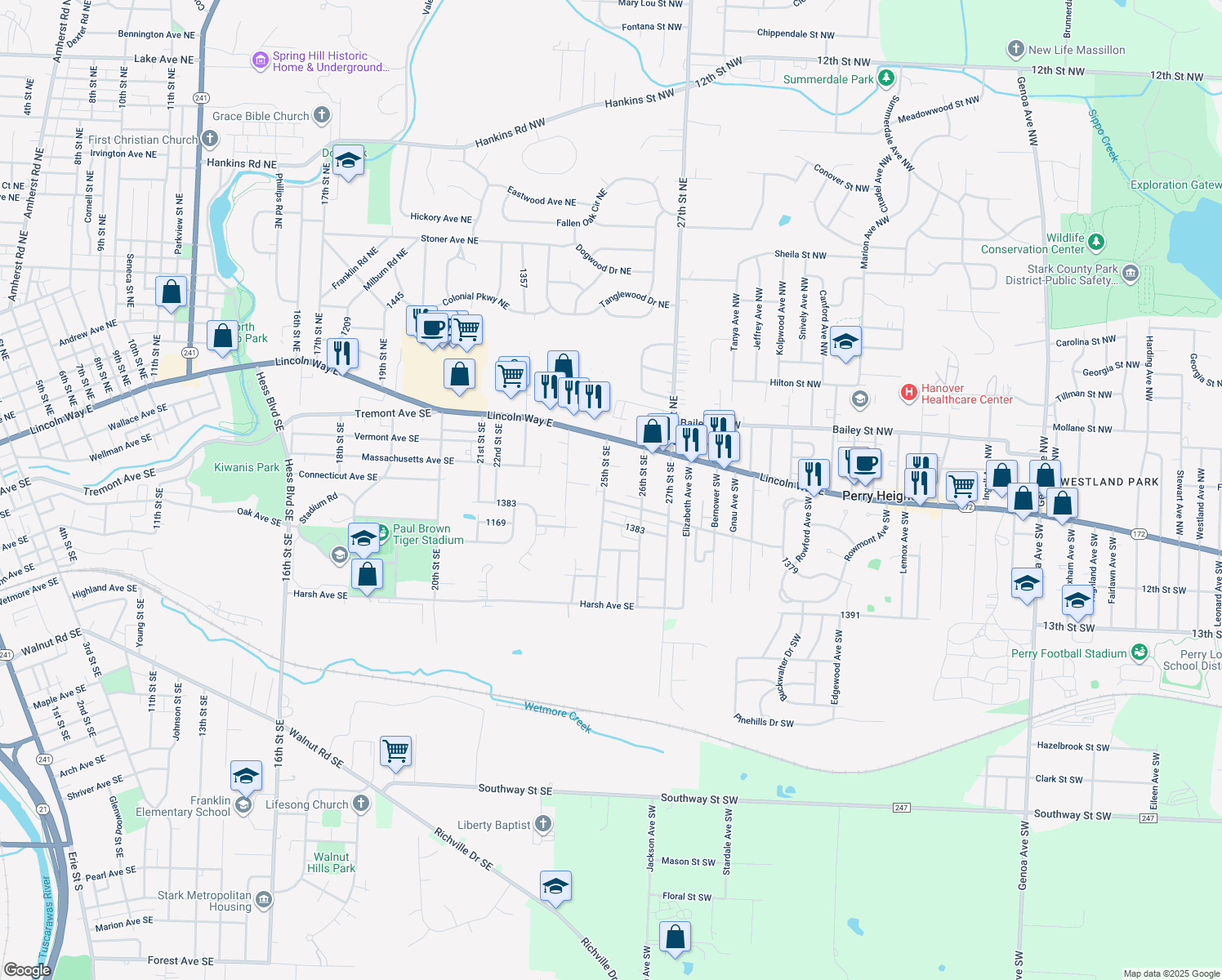 map of restaurants, bars, coffee shops, grocery stores, and more near 174 25th St SE in Massillon