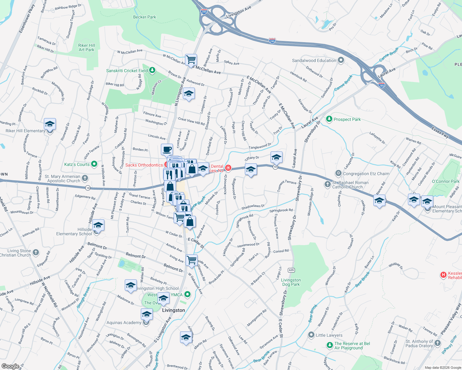 map of restaurants, bars, coffee shops, grocery stores, and more near 16 Ridgewood Drive in Livingston