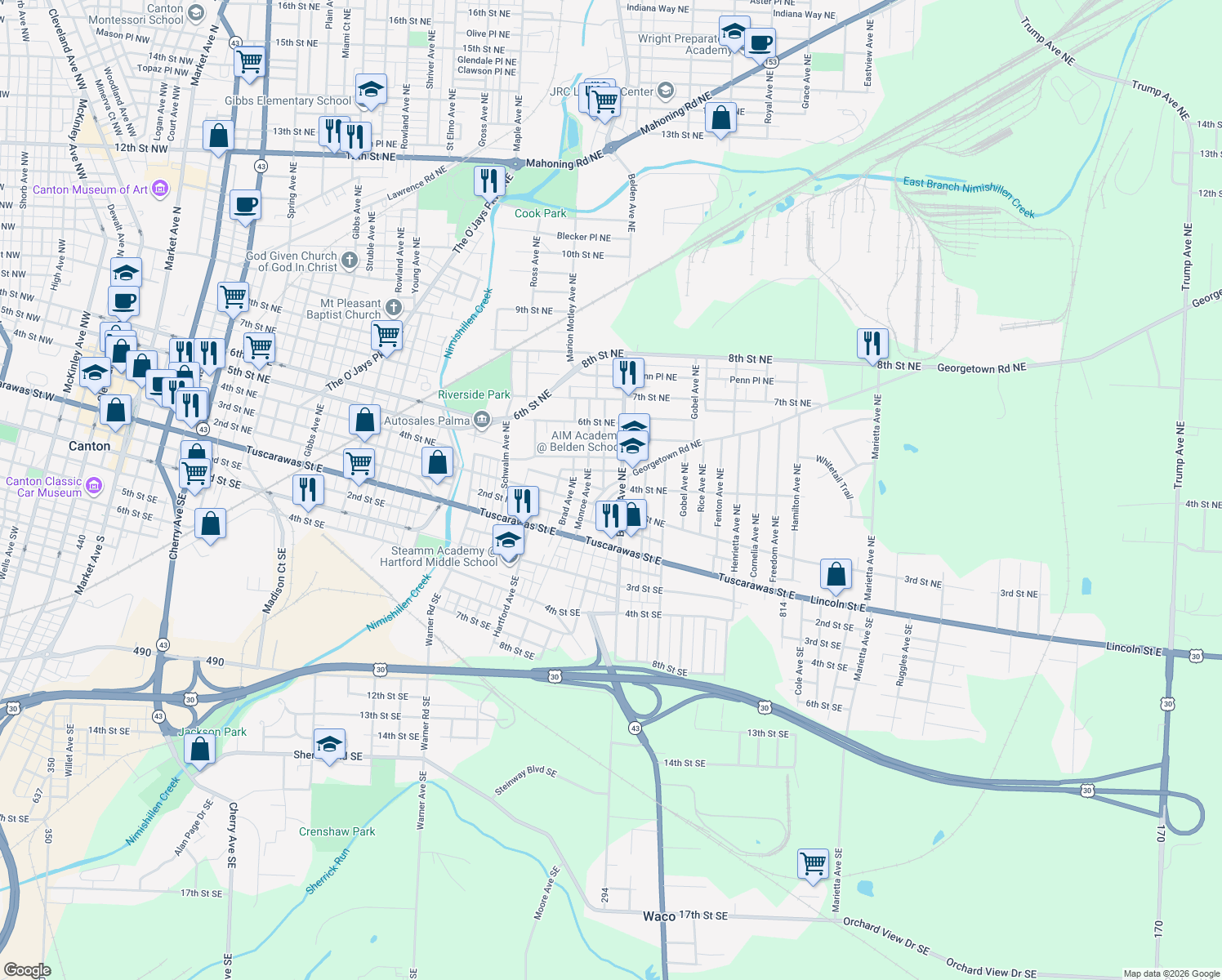 map of restaurants, bars, coffee shops, grocery stores, and more near 2032 Georgetown Road Northeast in Canton
