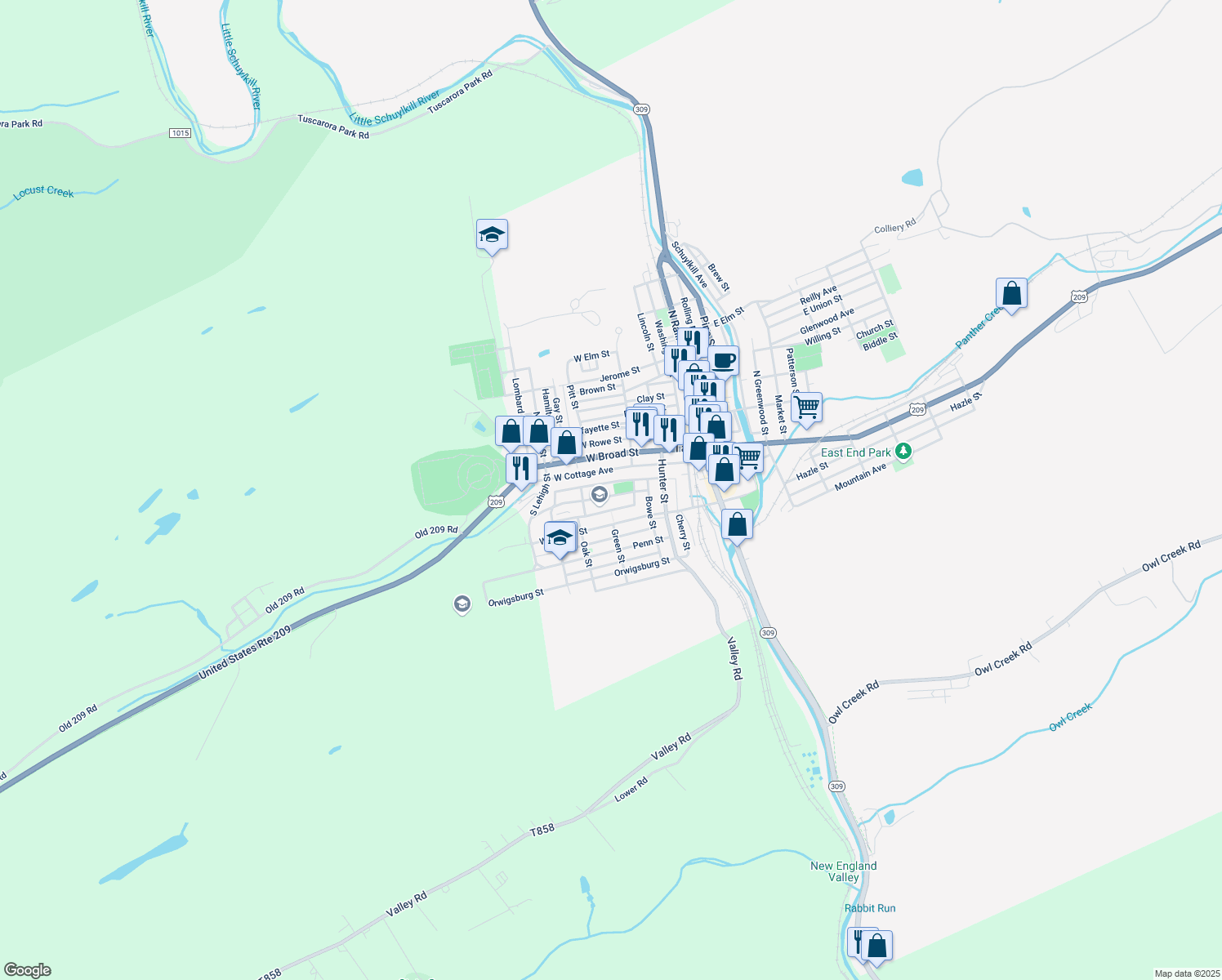 map of restaurants, bars, coffee shops, grocery stores, and more near 235 High St in Tamaqua