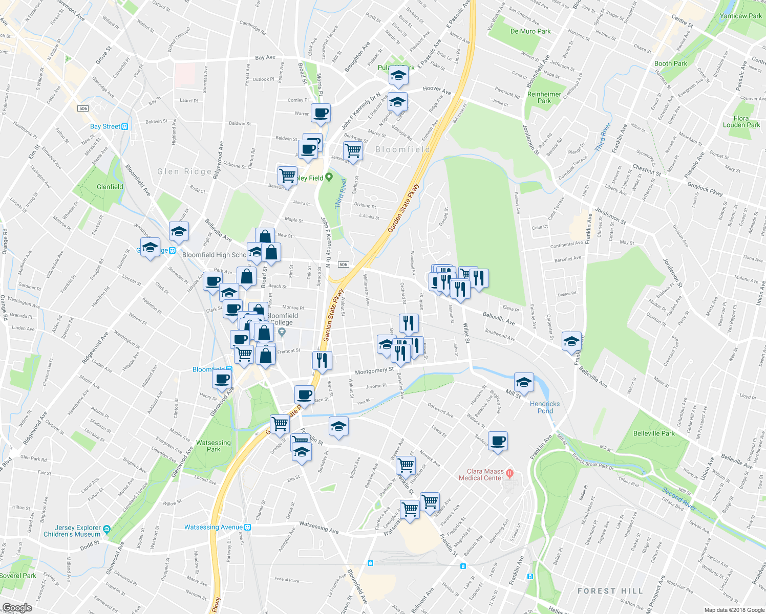 map of restaurants, bars, coffee shops, grocery stores, and more near 42 Hazelwood Rd in Bloomfield