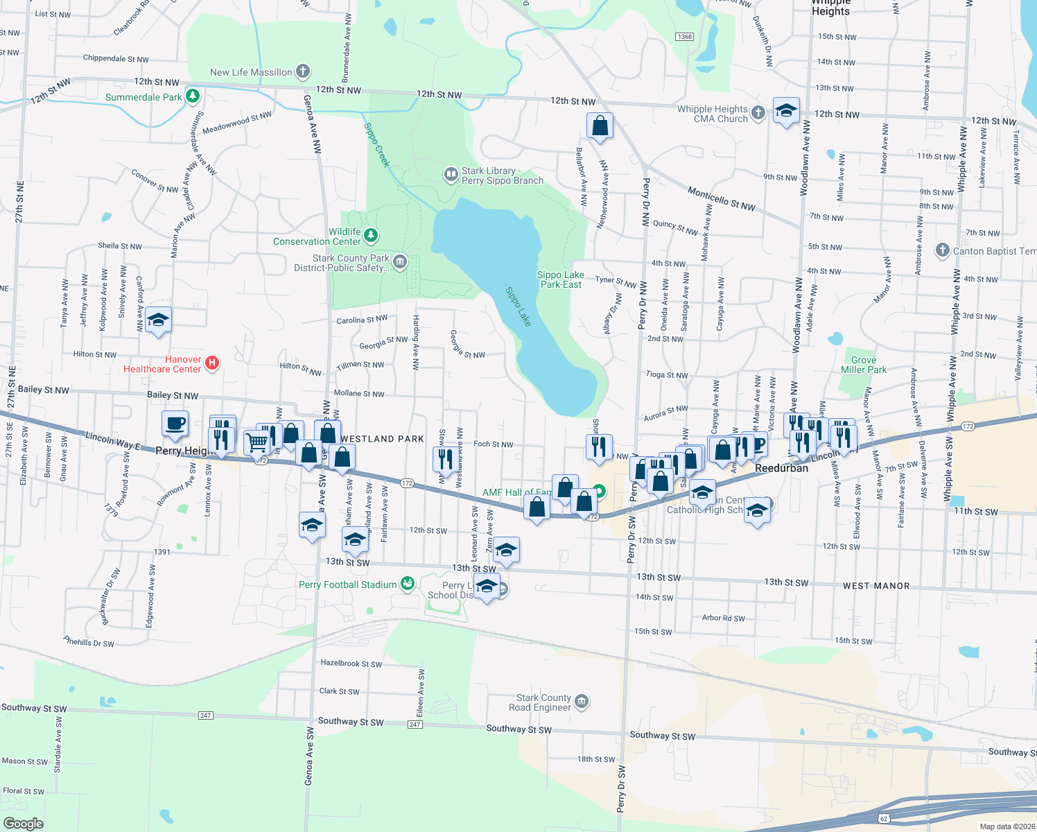 map of restaurants, bars, coffee shops, grocery stores, and more near 347 Roxbury Avenue Northwest in Massillon