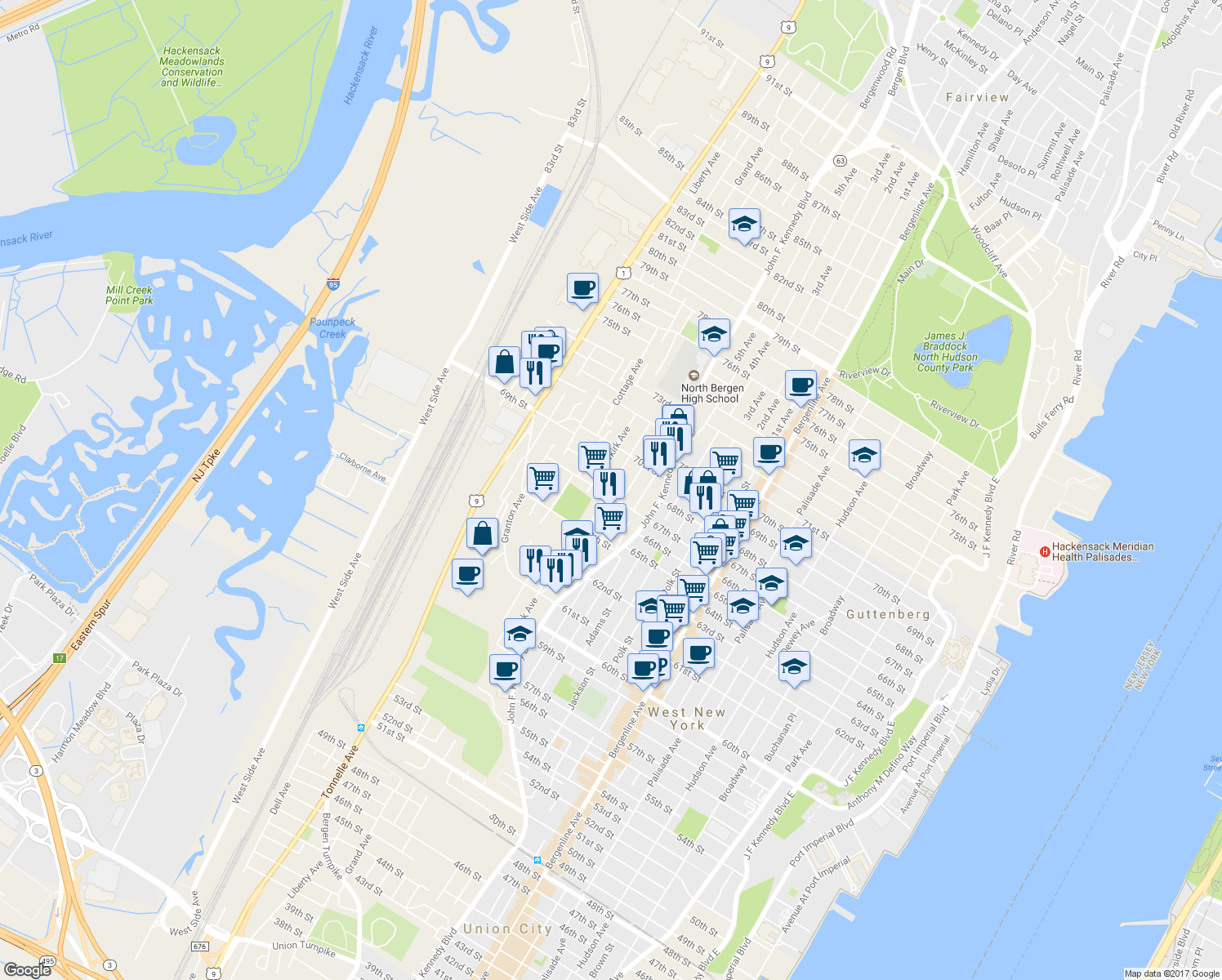 map of restaurants, bars, coffee shops, grocery stores, and more near 1214 67th Street in North Bergen