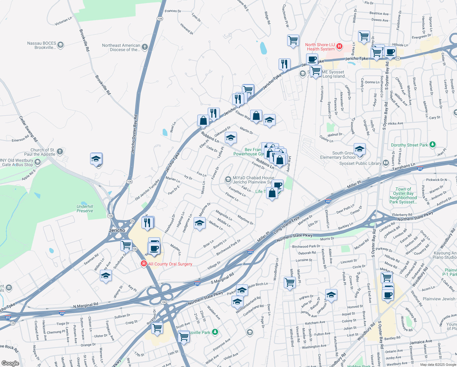 map of restaurants, bars, coffee shops, grocery stores, and more near 82 Forsythia Ln in Jericho