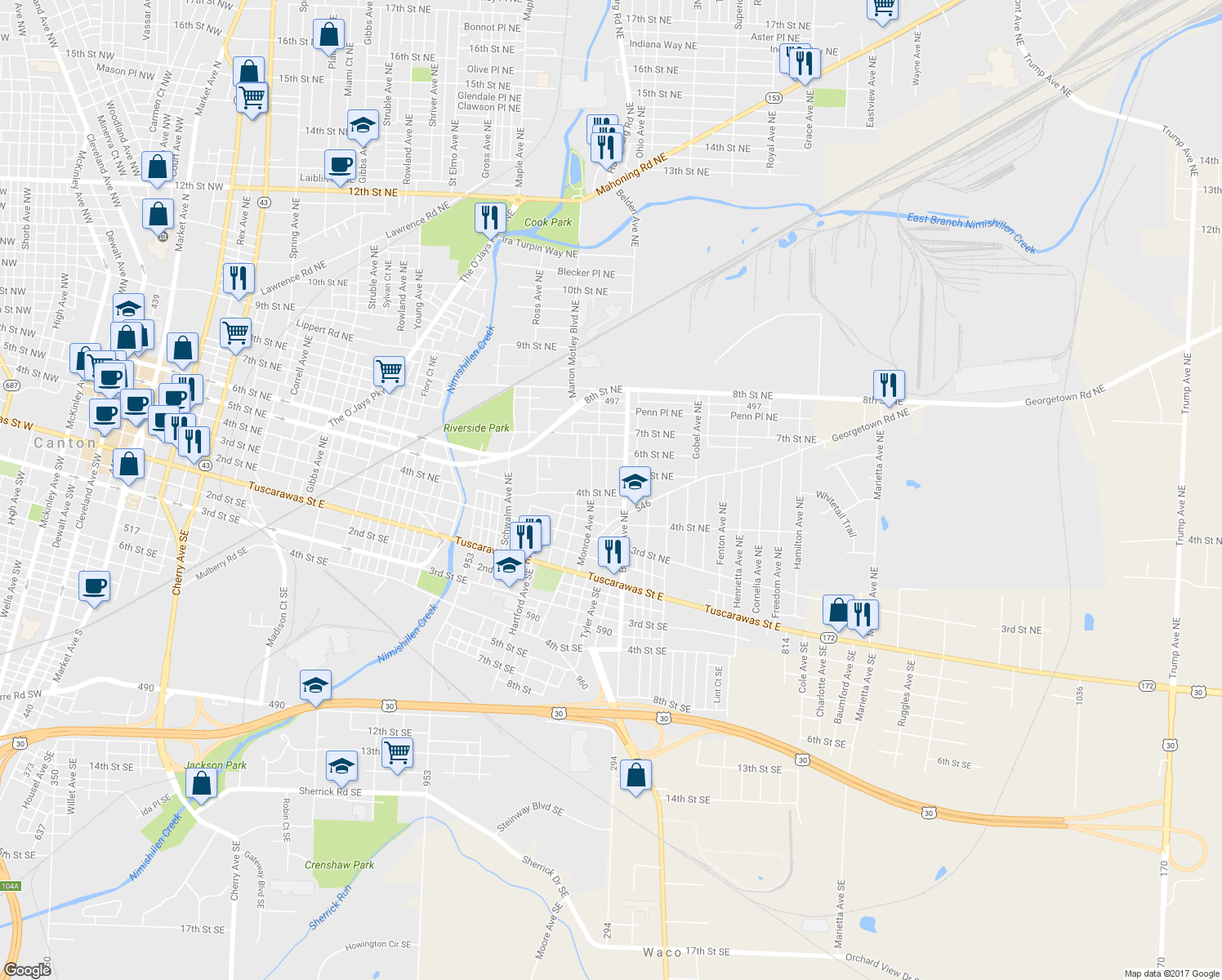 map of restaurants, bars, coffee shops, grocery stores, and more near 402 Webster Avenue Northeast in Canton