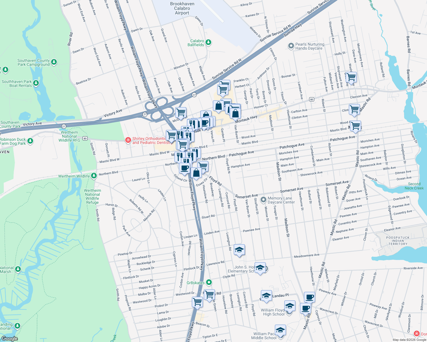 map of restaurants, bars, coffee shops, grocery stores, and more near 38 Essex Circle in Shirley