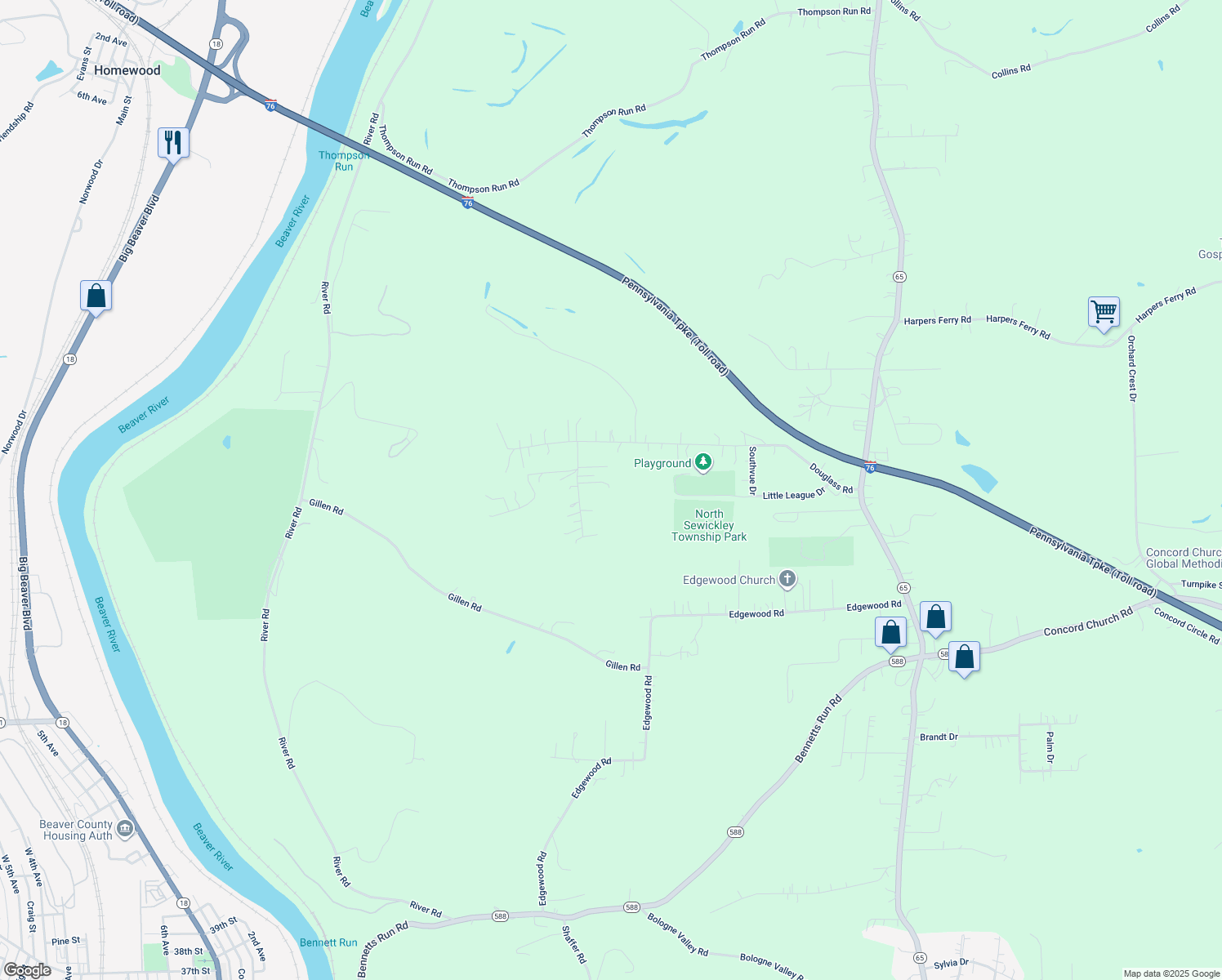 map of restaurants, bars, coffee shops, grocery stores, and more near 121 Oak Lane in Beaver Falls