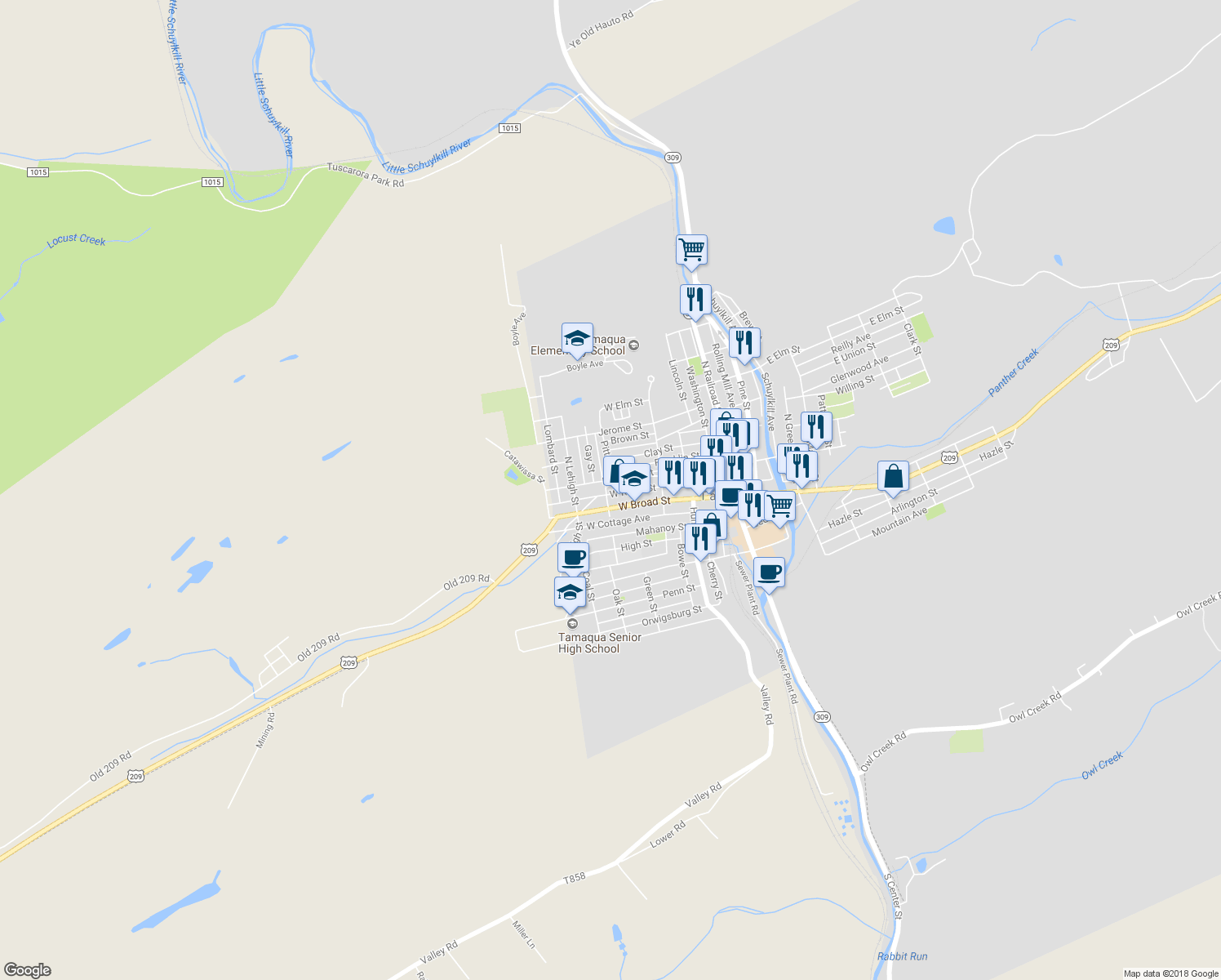 map of restaurants, bars, coffee shops, grocery stores, and more near 31 Swatara Street in Tamaqua