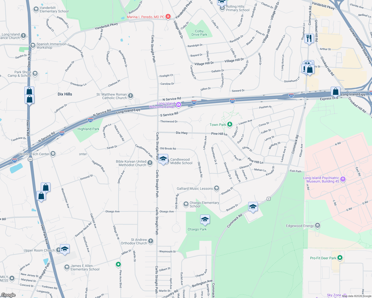 map of restaurants, bars, coffee shops, grocery stores, and more near 16 Old Brook Road in Huntington Station