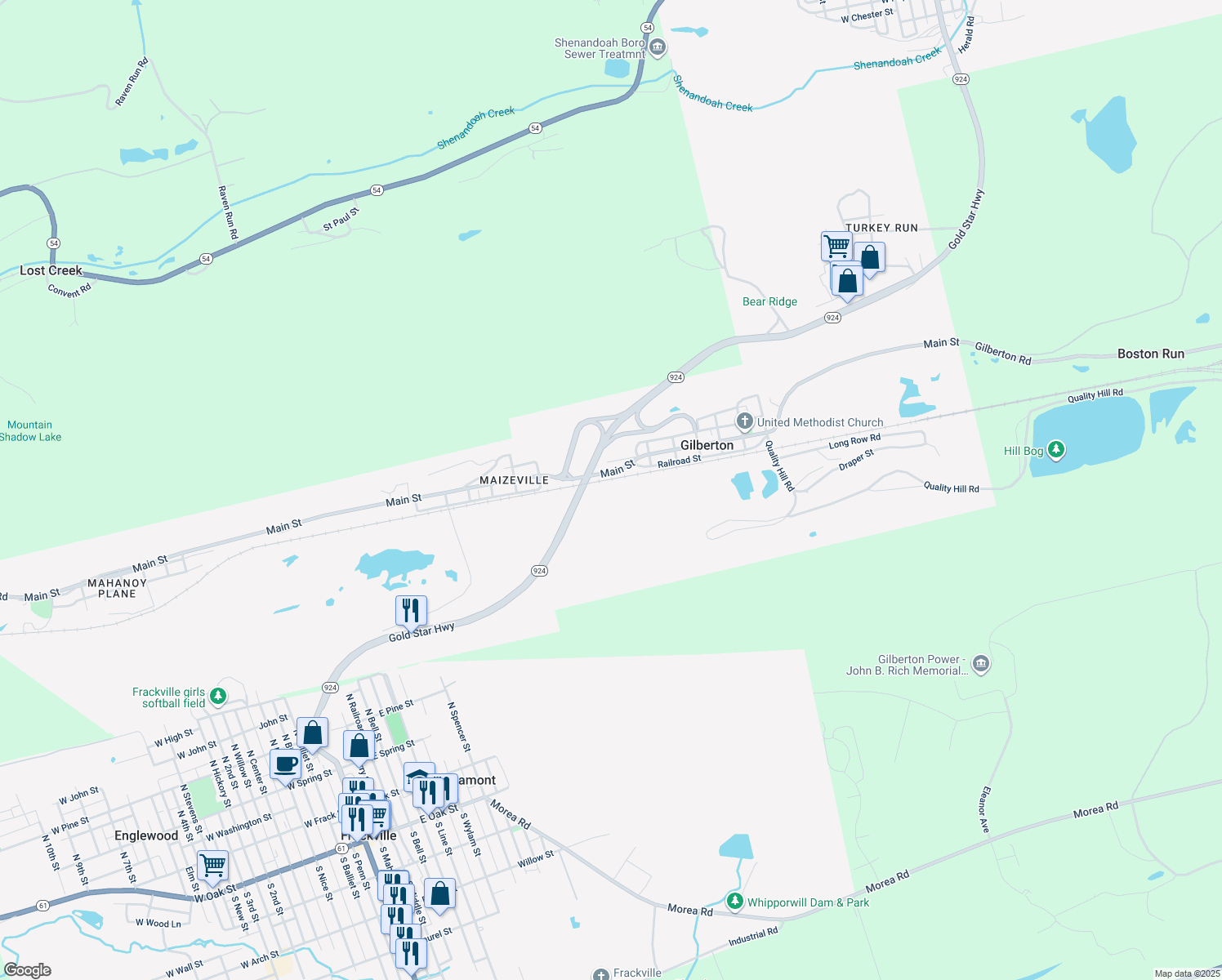 map of restaurants, bars, coffee shops, grocery stores, and more near in Gilberton