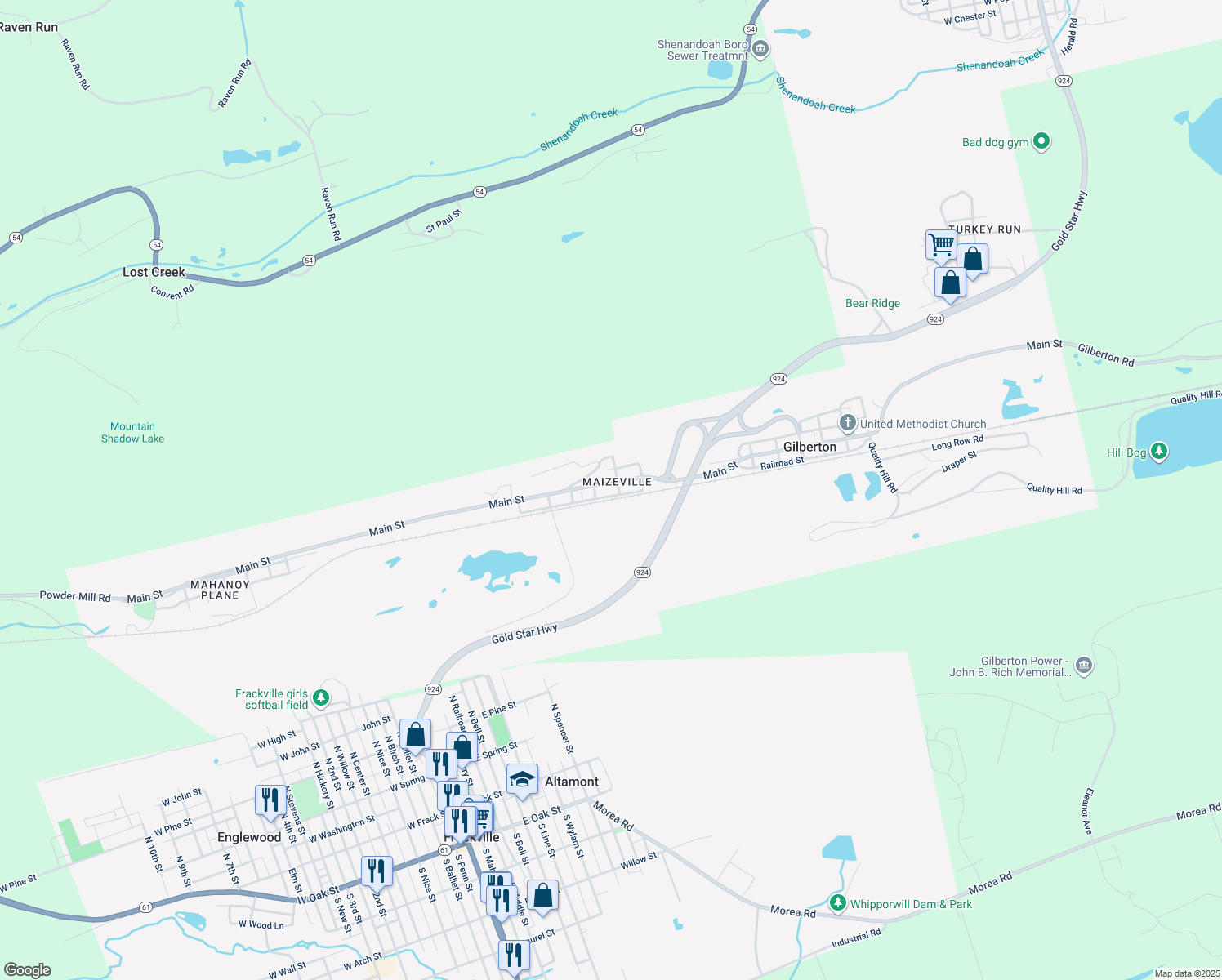 map of restaurants, bars, coffee shops, grocery stores, and more near 1108 Main Street in Gilberton