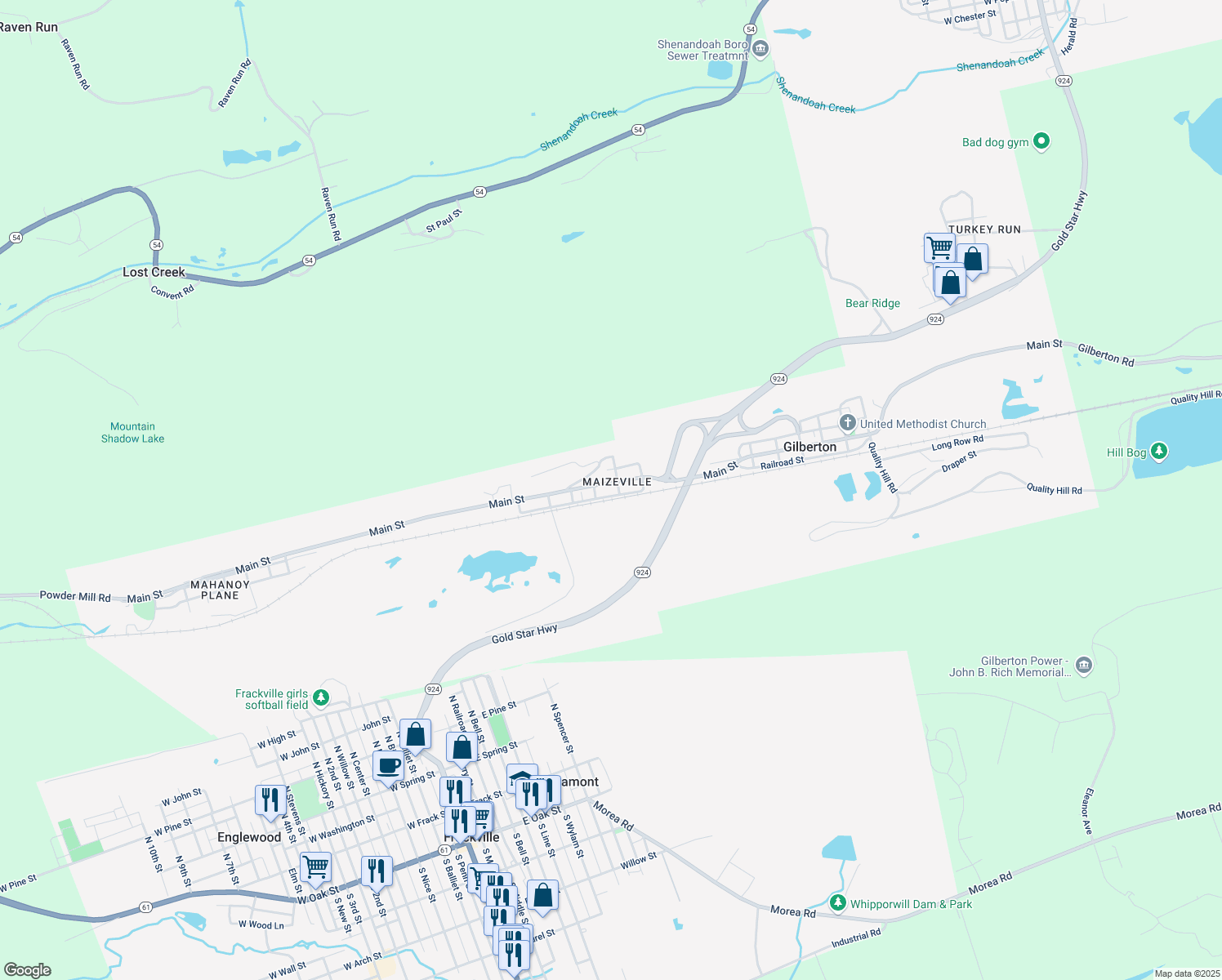 map of restaurants, bars, coffee shops, grocery stores, and more near 1108 Main Street in Gilberton