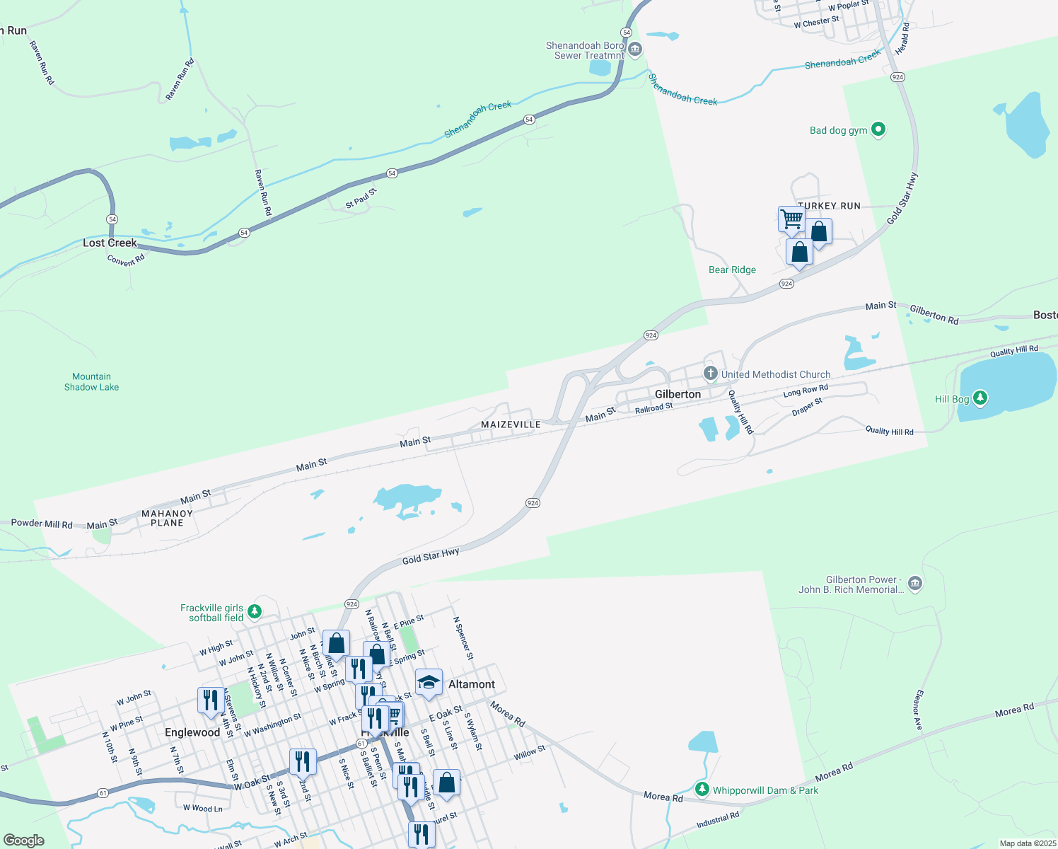 map of restaurants, bars, coffee shops, grocery stores, and more near 1004 Main Street in Gilberton