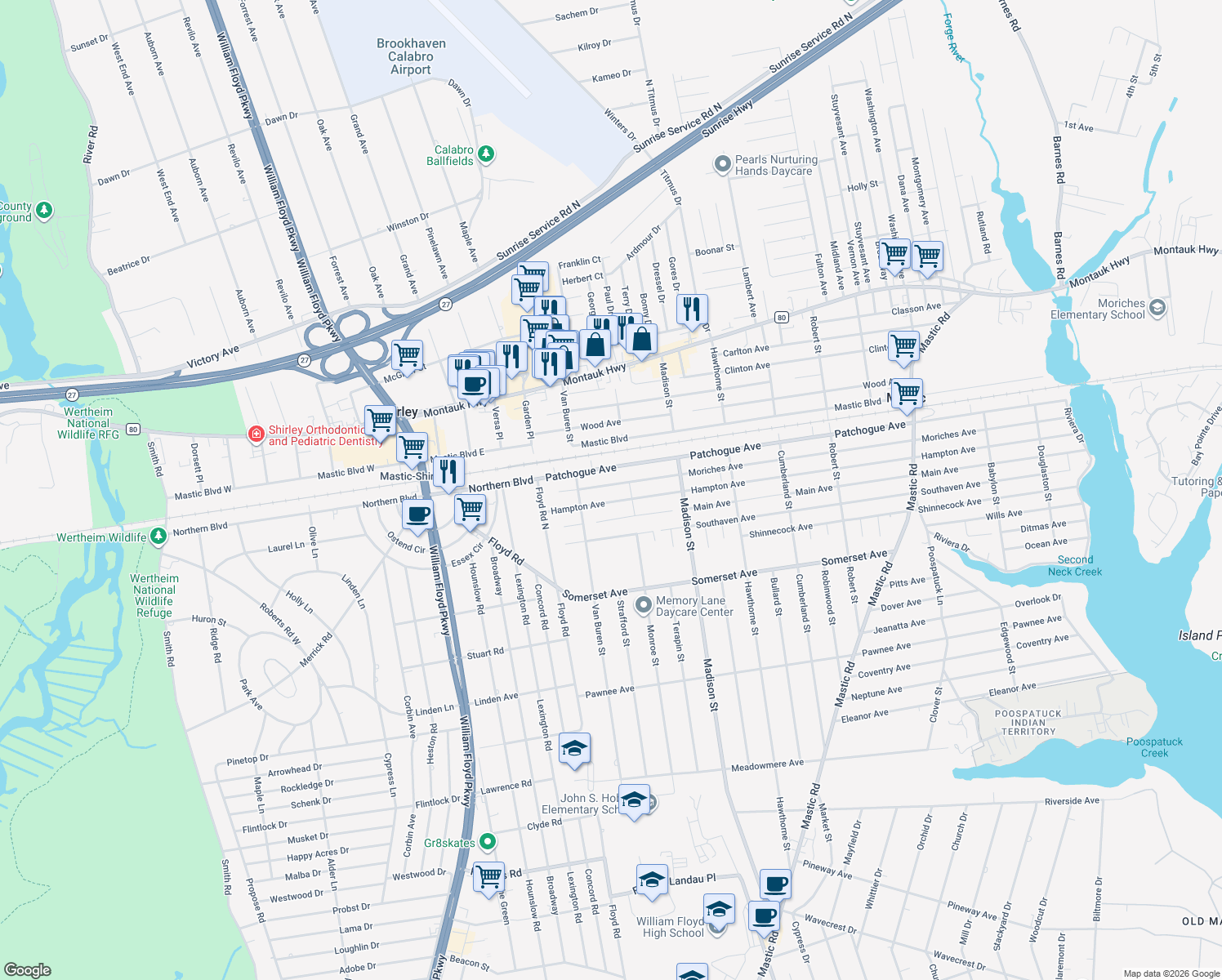 map of restaurants, bars, coffee shops, grocery stores, and more near 24 Moriches Avenue in Mastic
