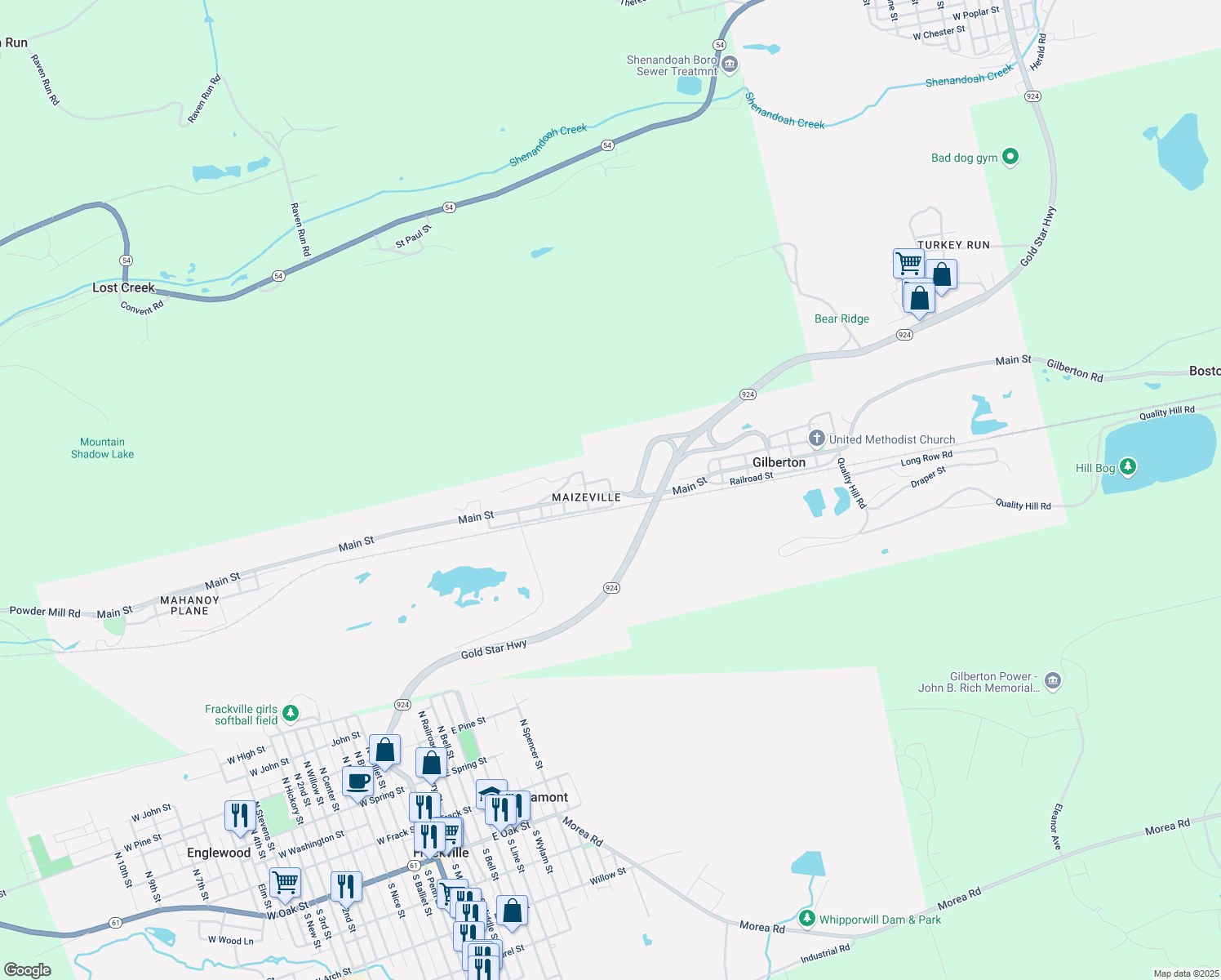 map of restaurants, bars, coffee shops, grocery stores, and more near 1004 Main Street in Gilberton