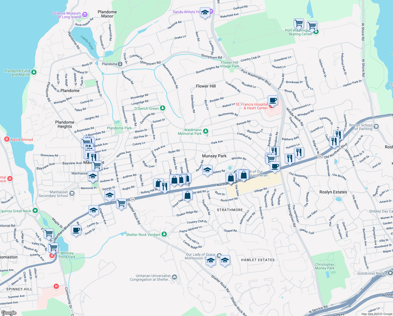 map of restaurants, bars, coffee shops, grocery stores, and more near 84 Abbey Road in Manhasset