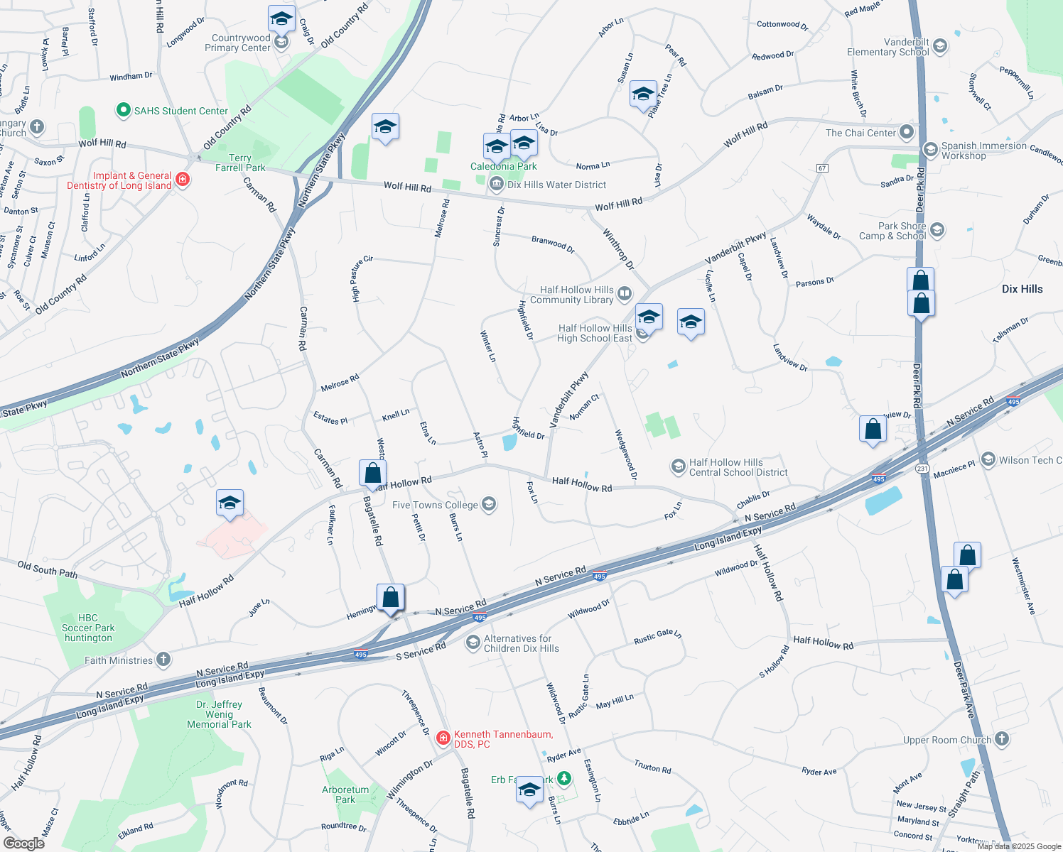 map of restaurants, bars, coffee shops, grocery stores, and more near 4 Highfield Drive in Dix Hills