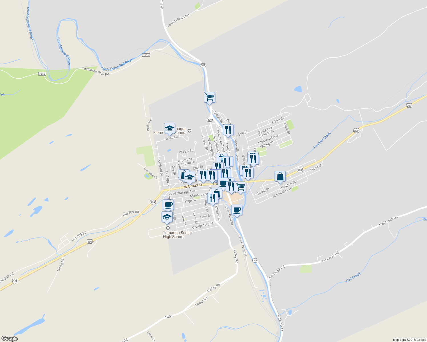 map of restaurants, bars, coffee shops, grocery stores, and more near 19 Lafayette Street in Tamaqua