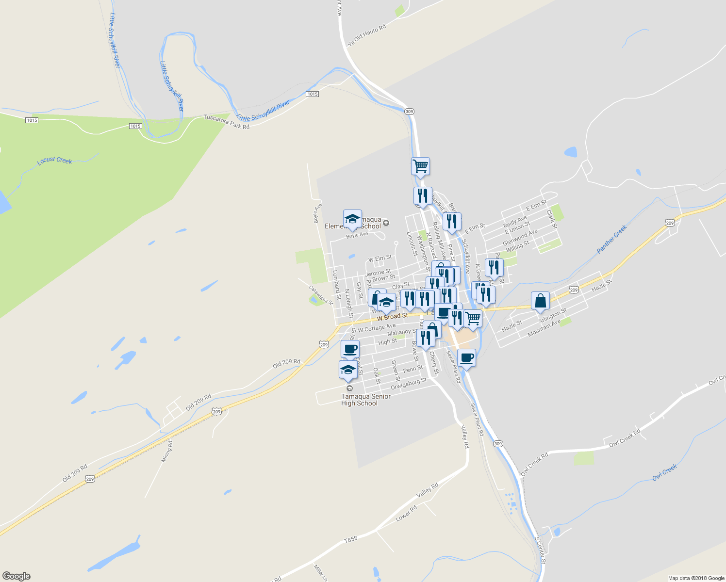 map of restaurants, bars, coffee shops, grocery stores, and more near 131 Gay Street in Tamaqua