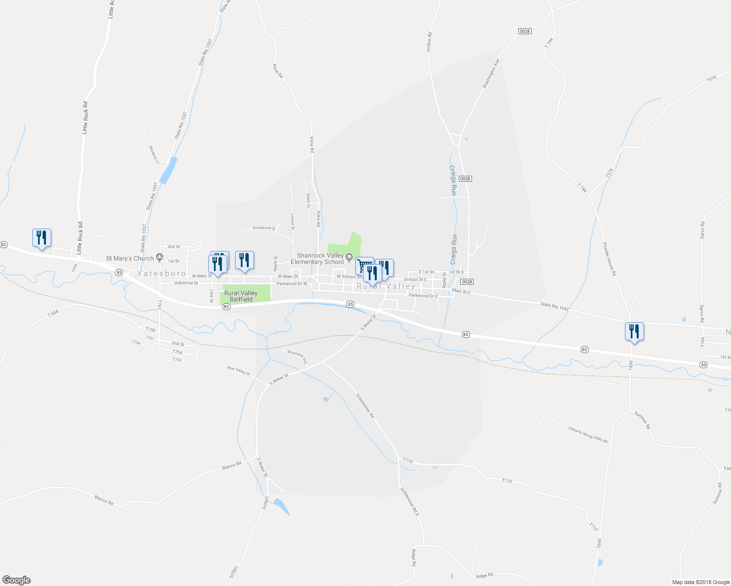 map of restaurants, bars, coffee shops, grocery stores, and more near 922 Parkwood Drive West in Rural Valley