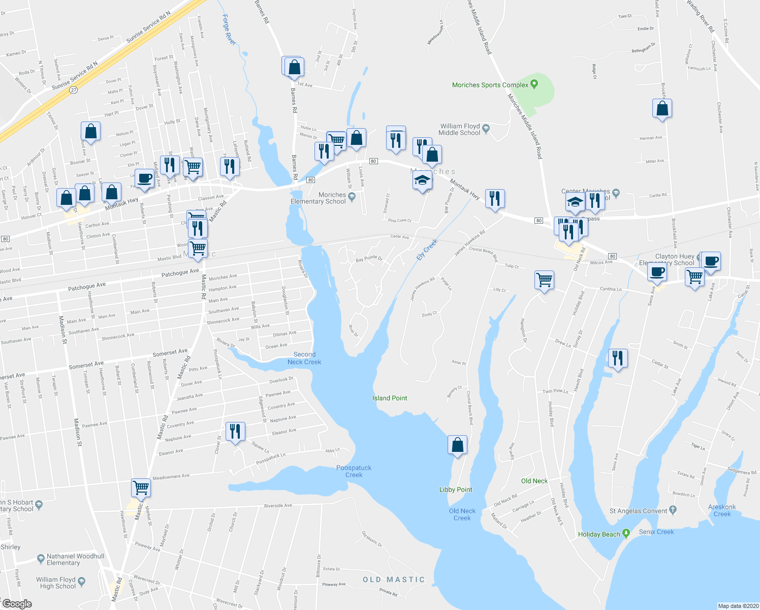 map of restaurants, bars, coffee shops, grocery stores, and more near 132 Captains Court in Moriches