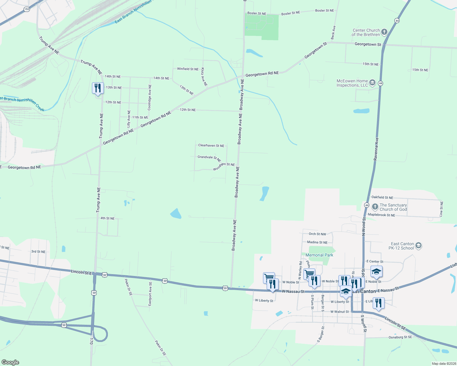 map of restaurants, bars, coffee shops, grocery stores, and more near 1750 Fairbrook Ave NE in East Canton
