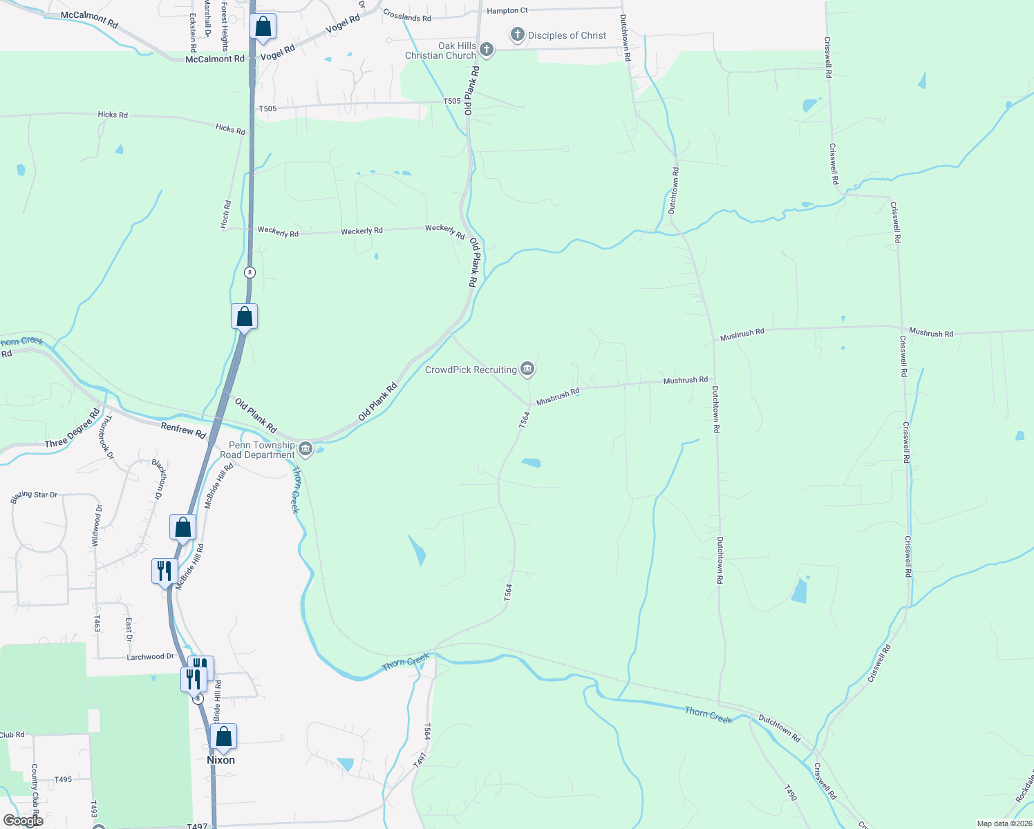 map of restaurants, bars, coffee shops, grocery stores, and more near 110 Winters Road in Butler