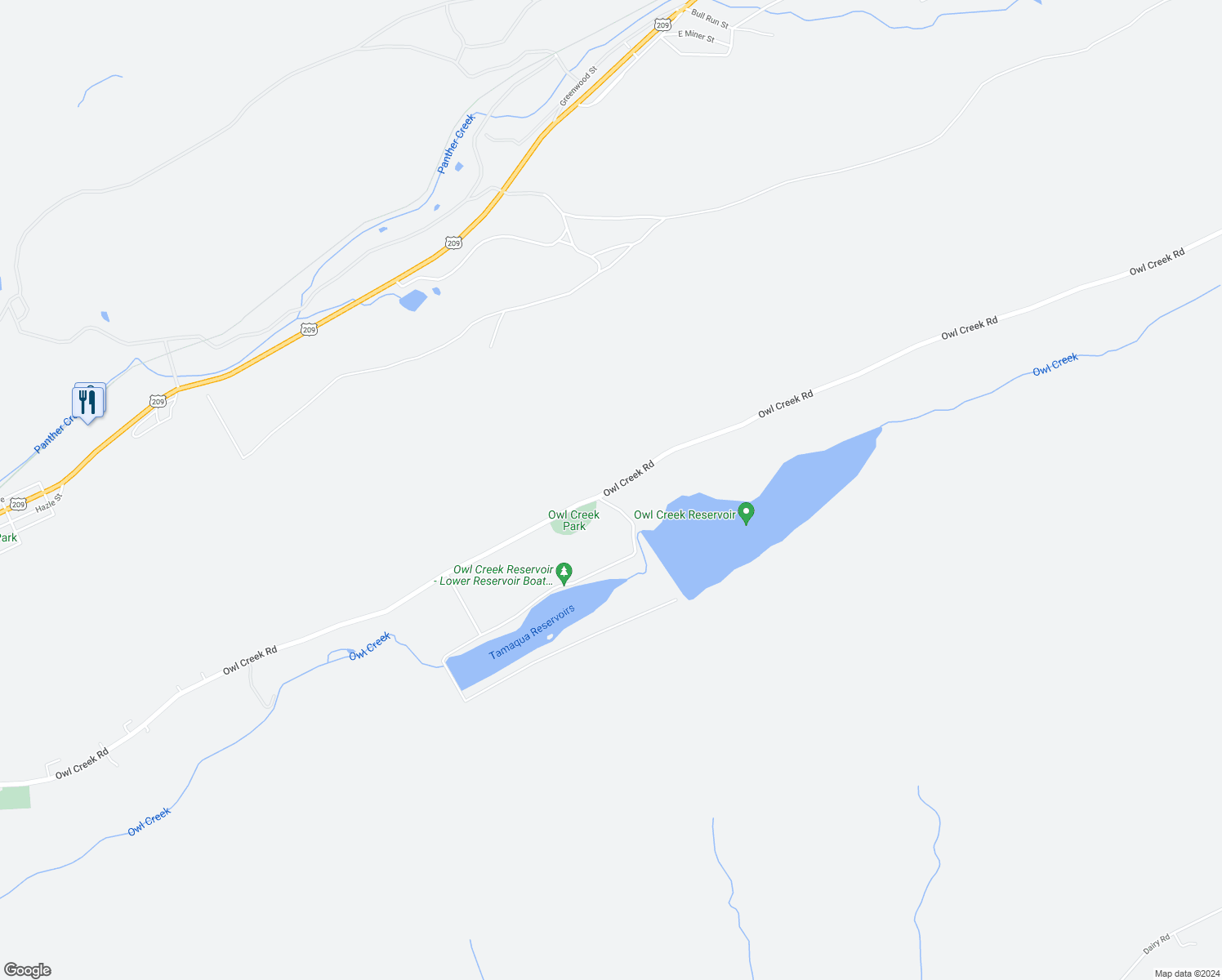 map of restaurants, bars, coffee shops, grocery stores, and more near Owl Creek Road in Tamaqua