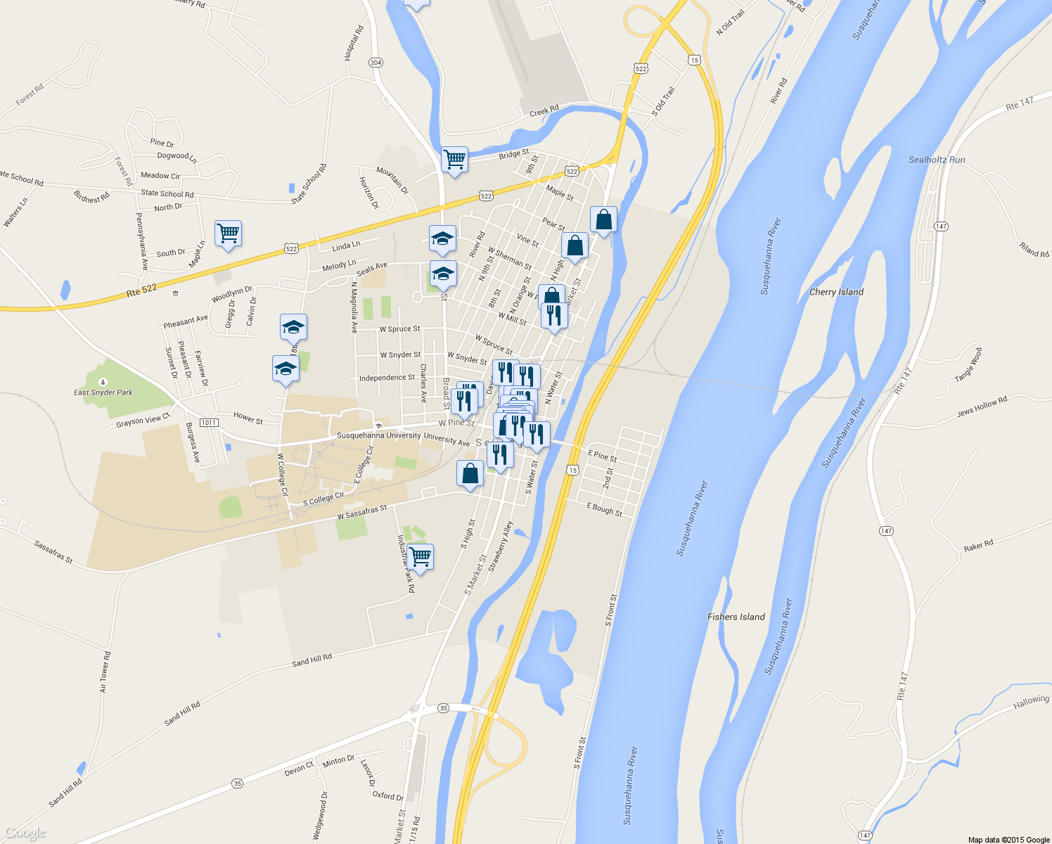map of restaurants, bars, coffee shops, grocery stores, and more near 21 North Market Street in Selinsgrove